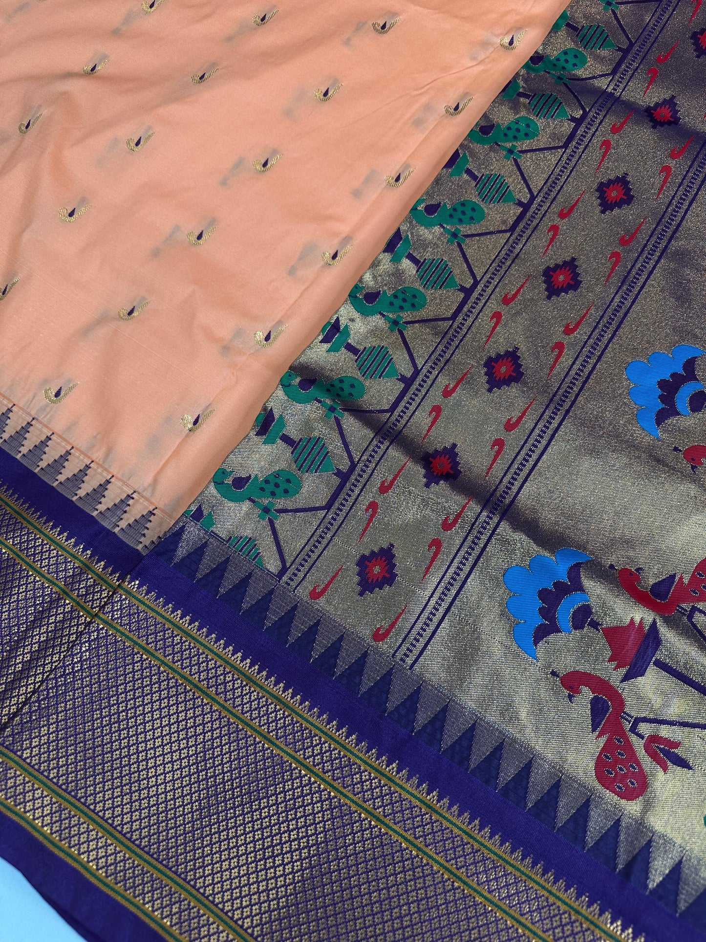 Semi Gadwal  Silk Paithani Cream Red Saree