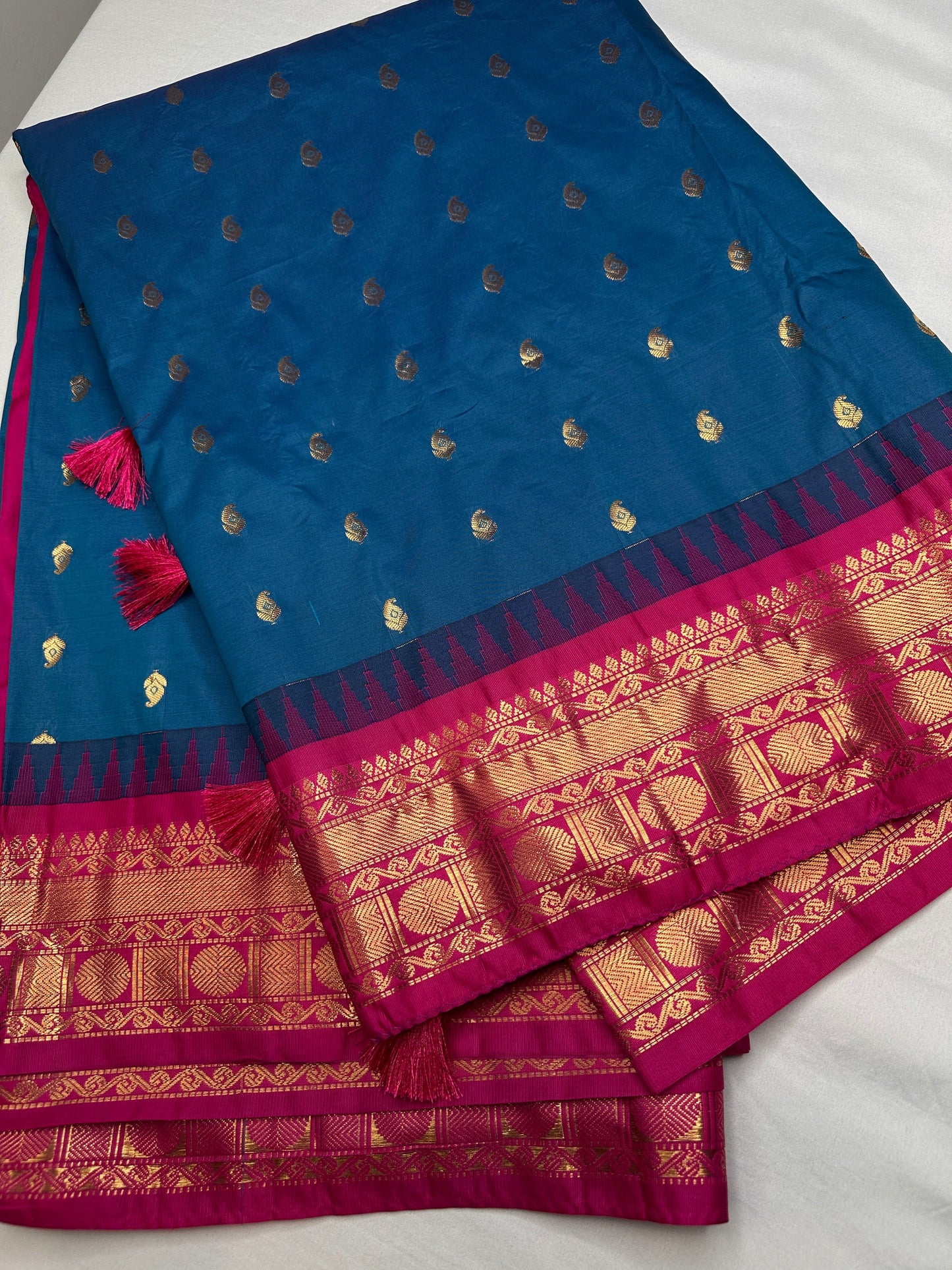 Gadwal Semi Silk Blue Pink Small Border Saree