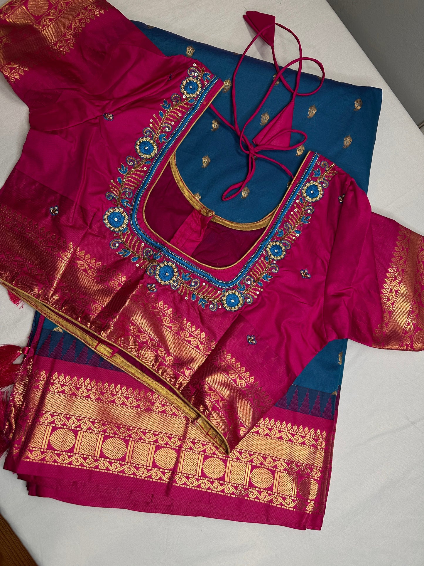 Gadwal Semi Silk Blue Pink Small Border Saree