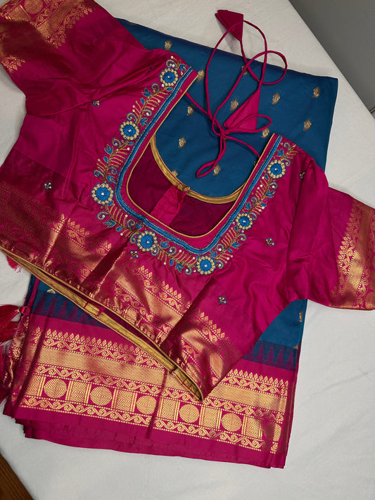 Gadwal Semi Silk Blue Pink Small Border Saree