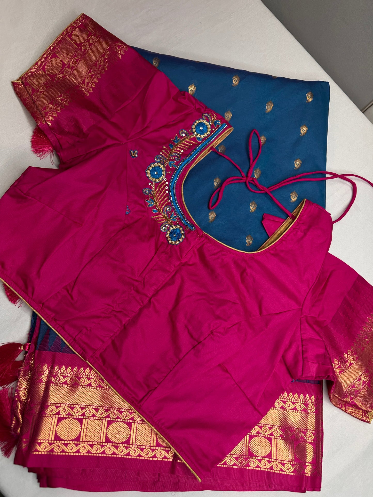 Gadwal Semi Silk Blue Pink Small Border Saree