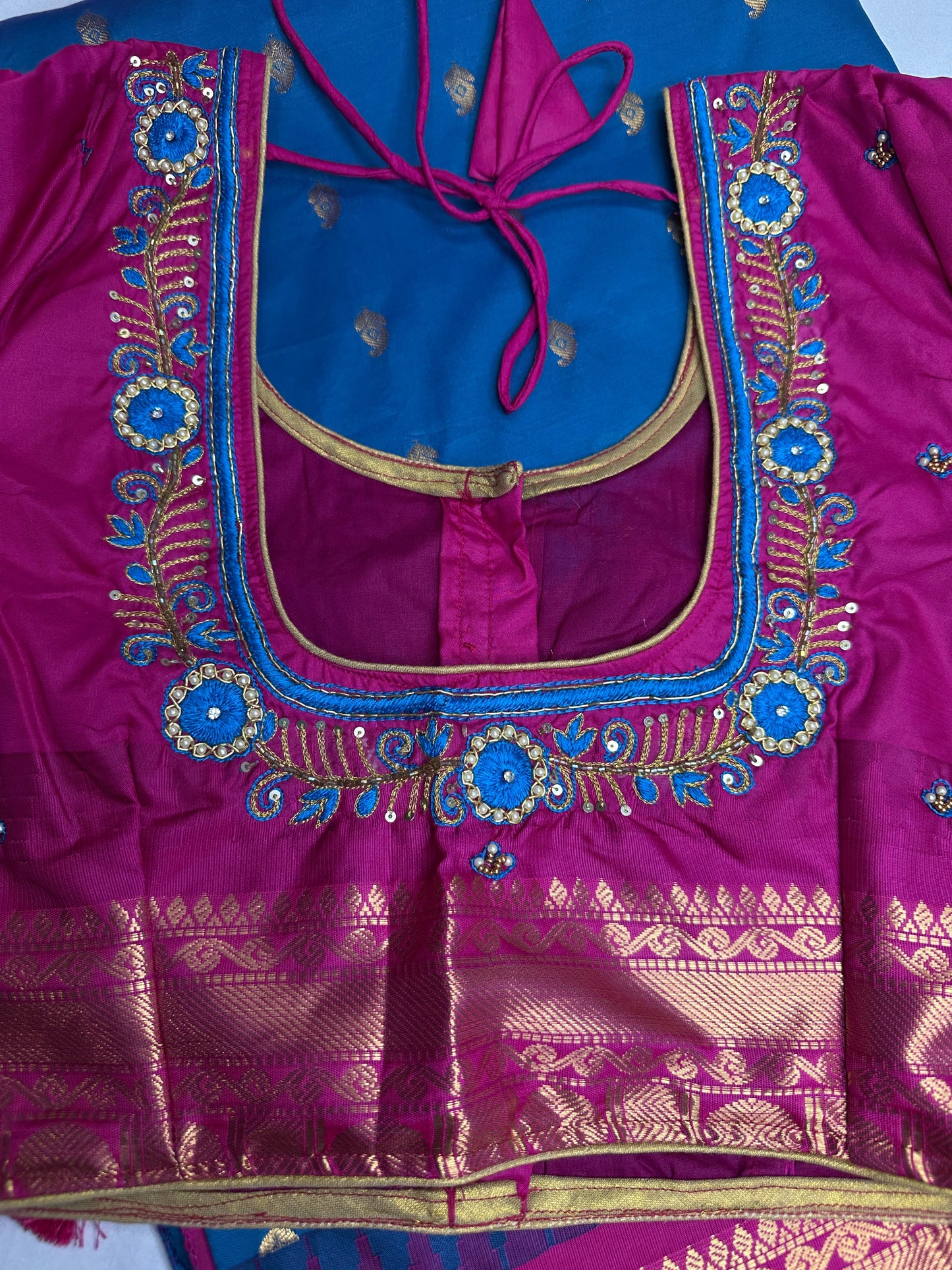 Gadwal Semi Silk Blue Pink Small Border Saree