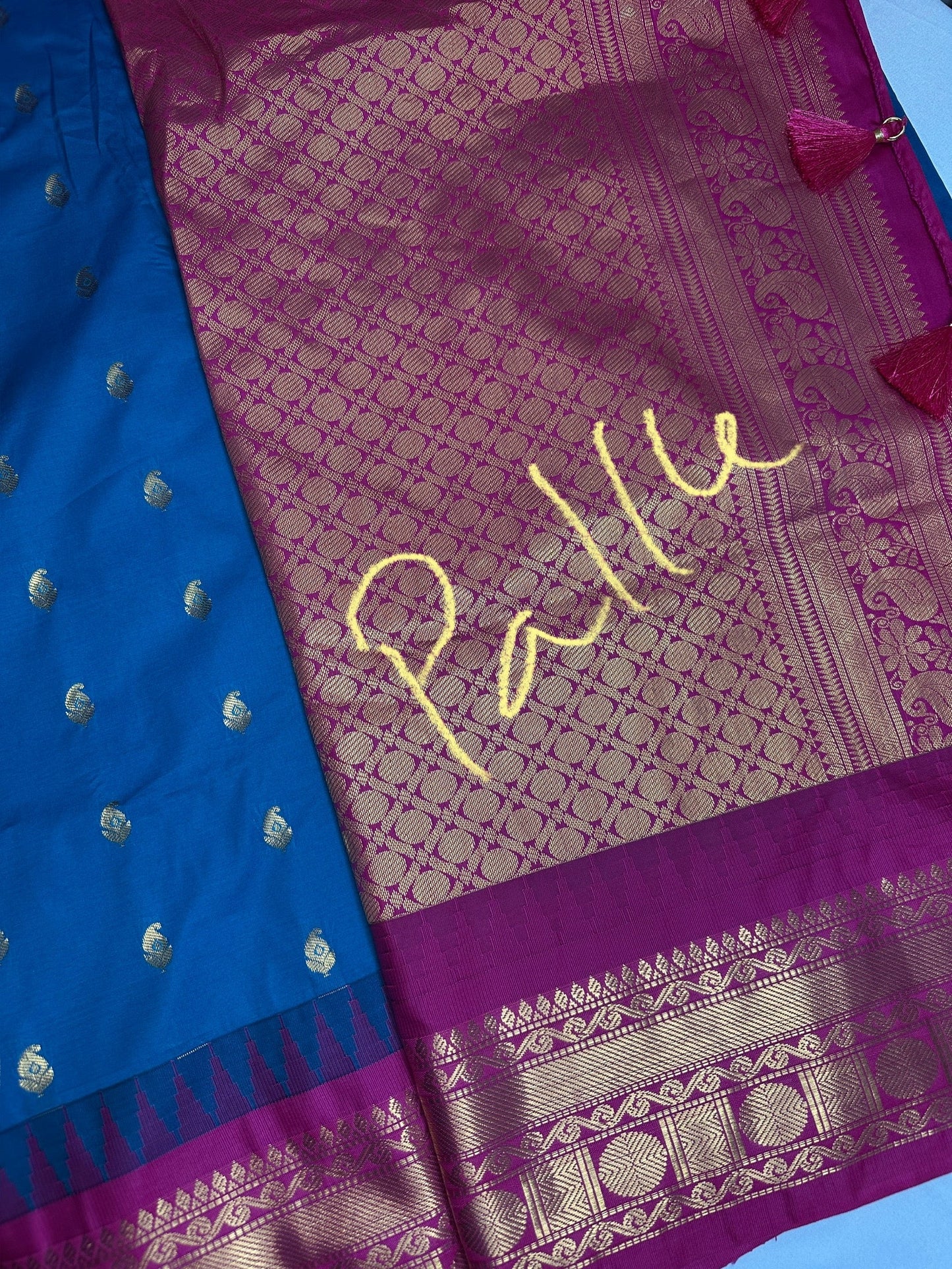 Gadwal Semi Silk Blue Pink Small Border Saree