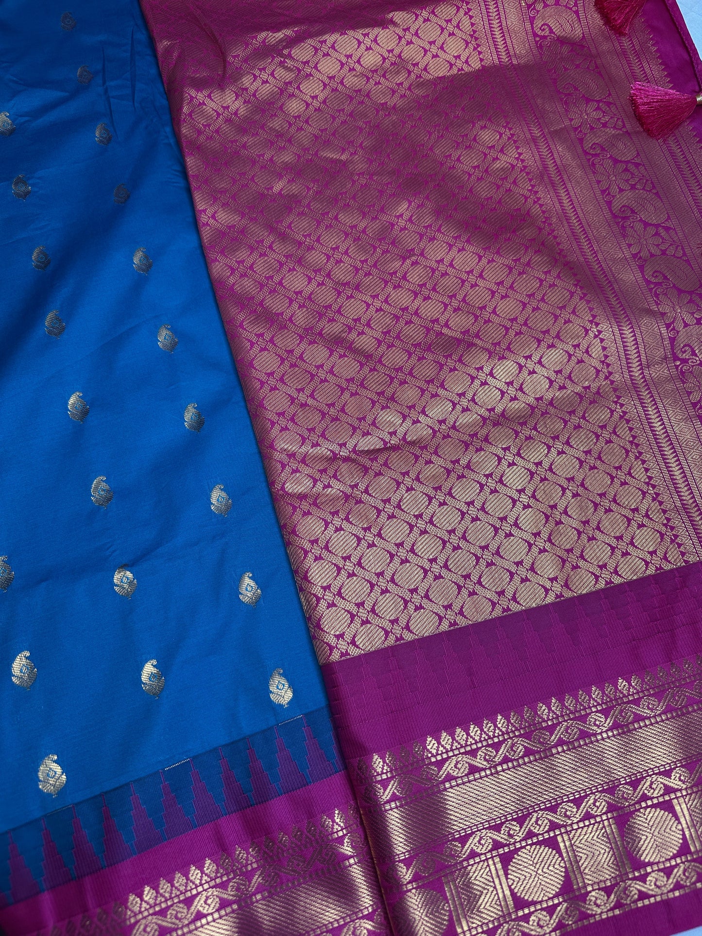 Gadwal Semi Silk Blue Pink Small Border Saree