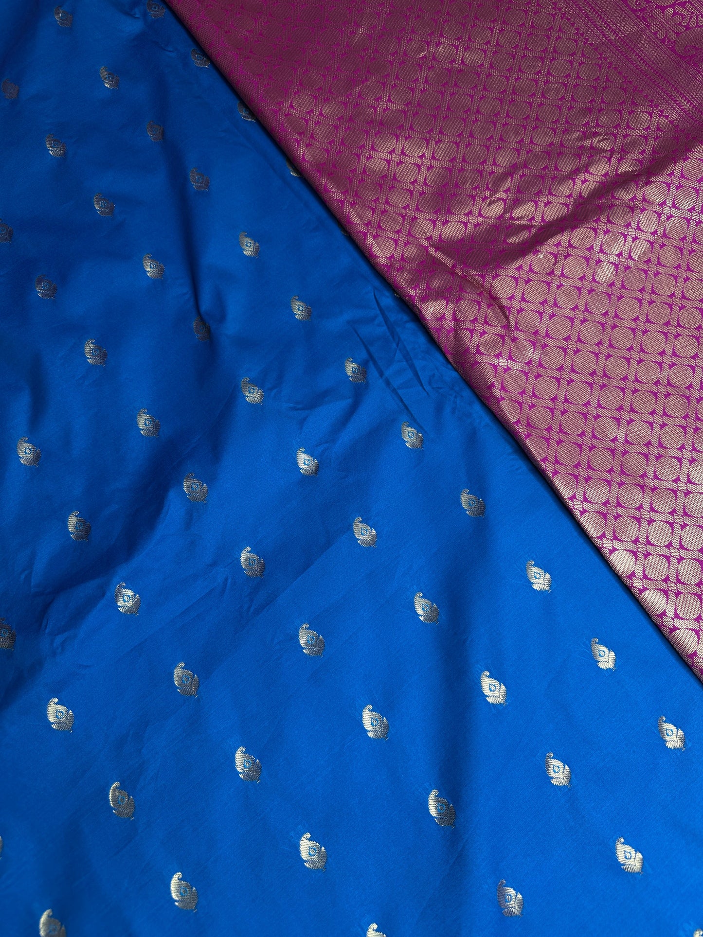 Gadwal Semi Silk Blue Pink Small Border Saree