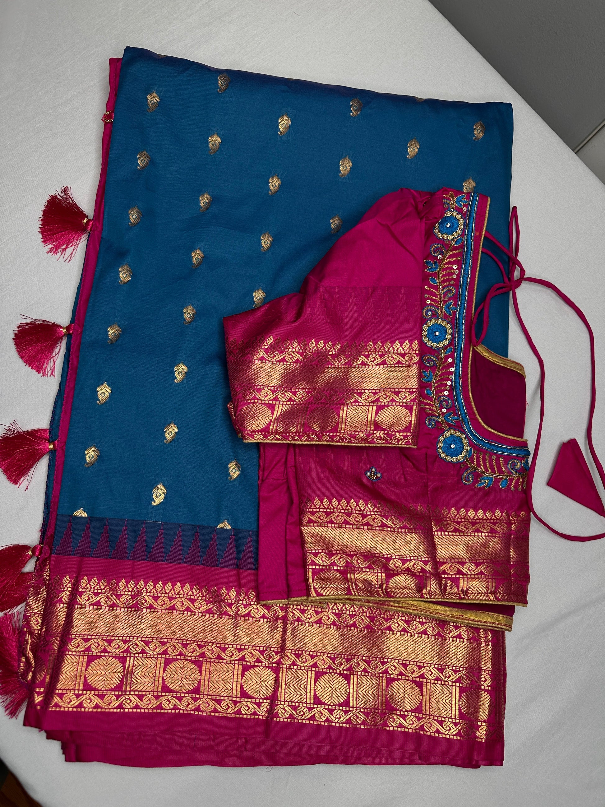 Gadwal Semi Silk Blue Pink Small Border Saree