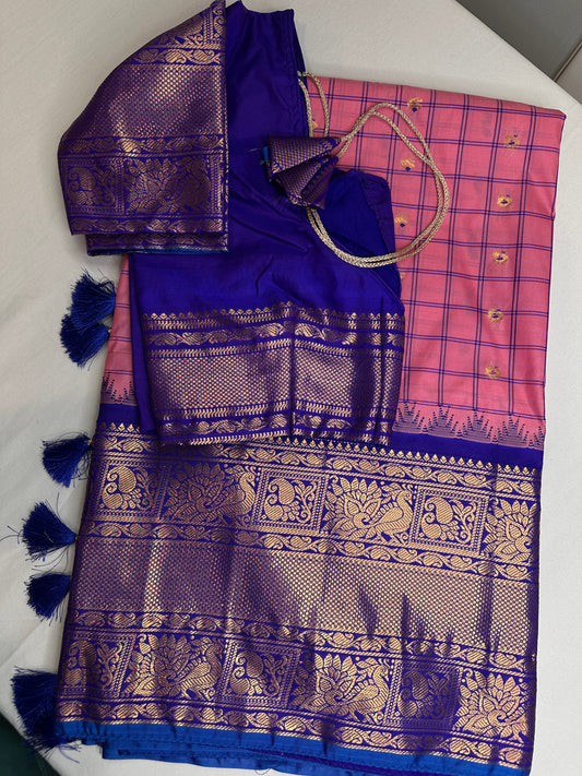 Gadwal Semi Silk Blue Pink Checks Saree