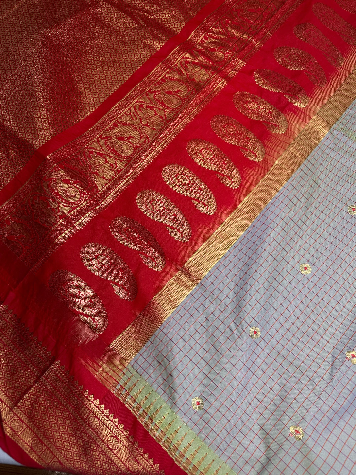 Gadwal Semi Silk Green Red Checks Saree