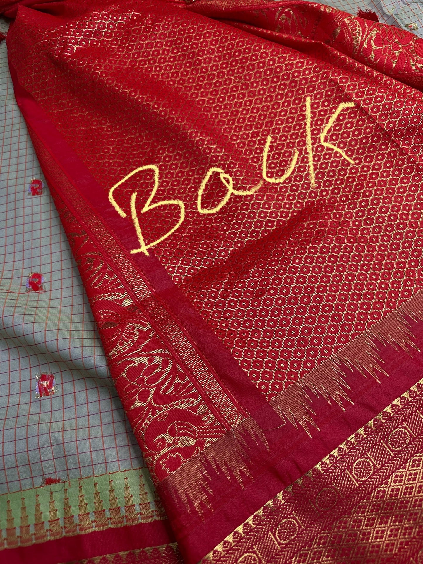 Gadwal Semi Silk Green Red Checks Saree