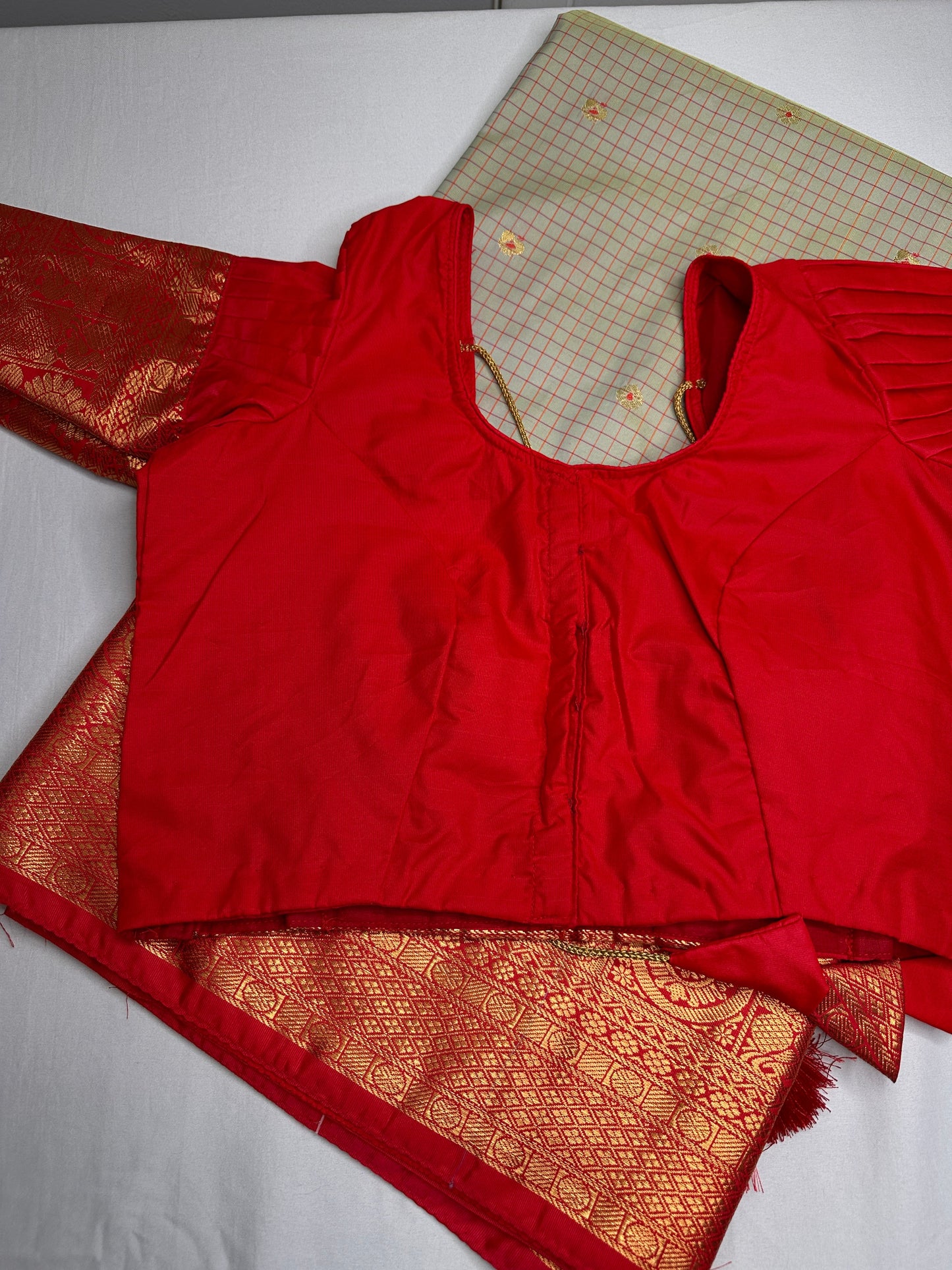 Gadwal Semi Silk Green Red Checks Saree