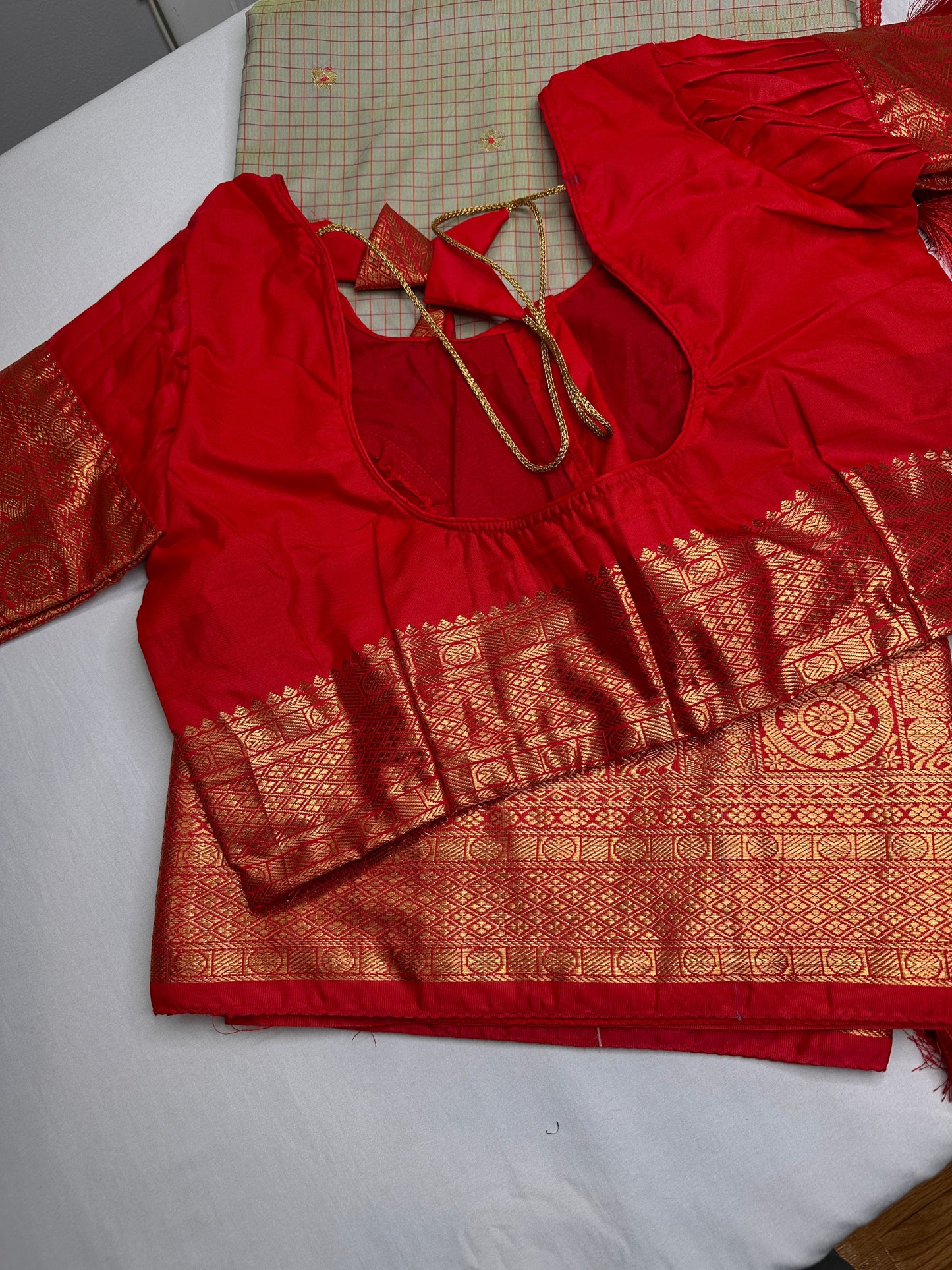 Gadwal Semi Silk Green Red Checks Saree