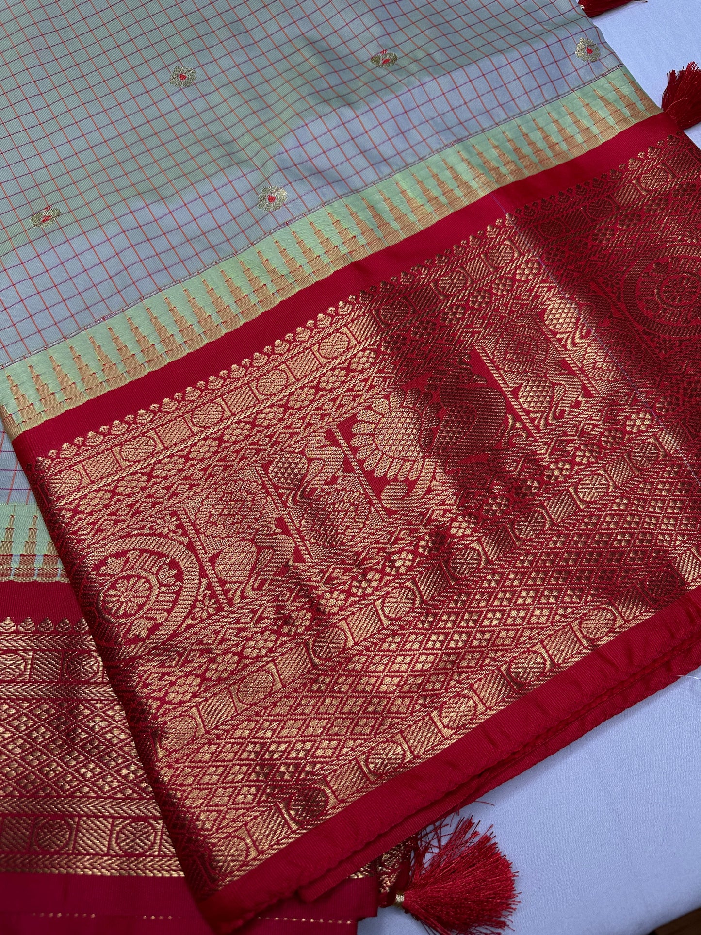 Gadwal Semi Silk Green Red Checks Saree