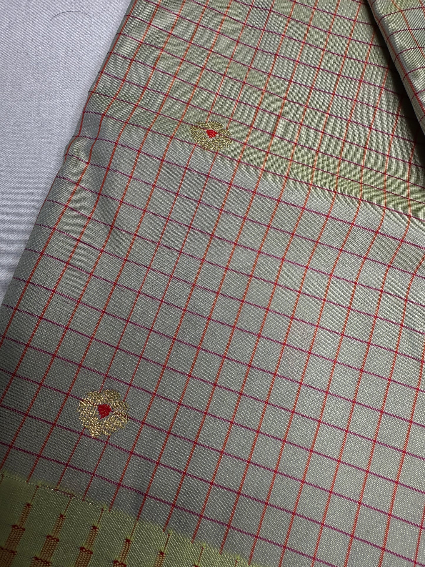 Gadwal Semi Silk Green Red Checks Saree