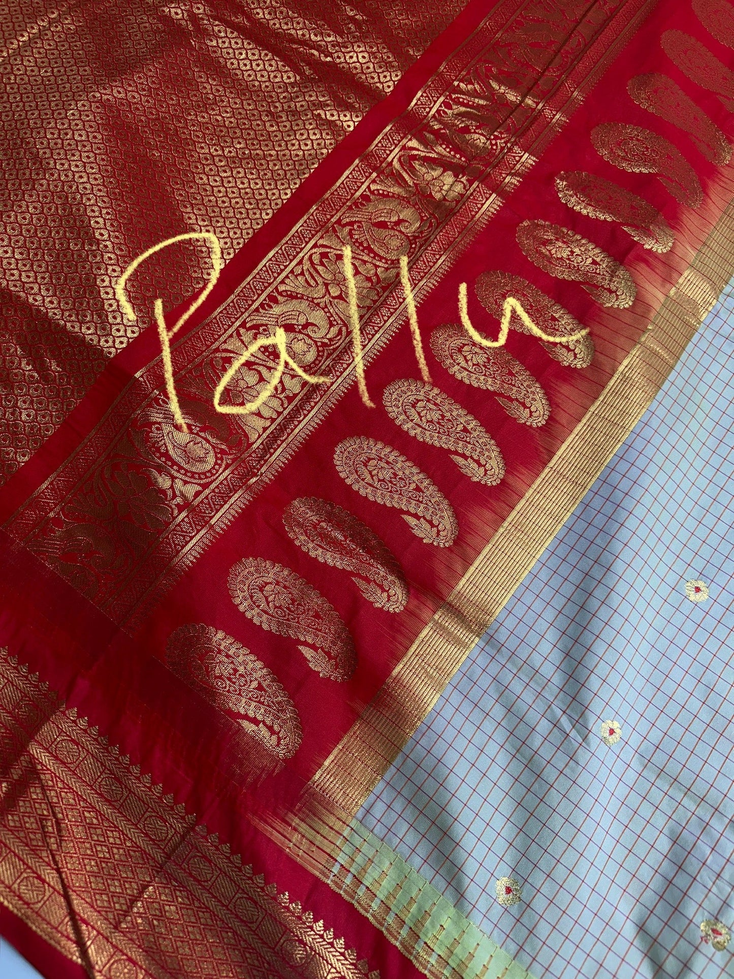 Gadwal Semi Silk Green Red Checks Saree