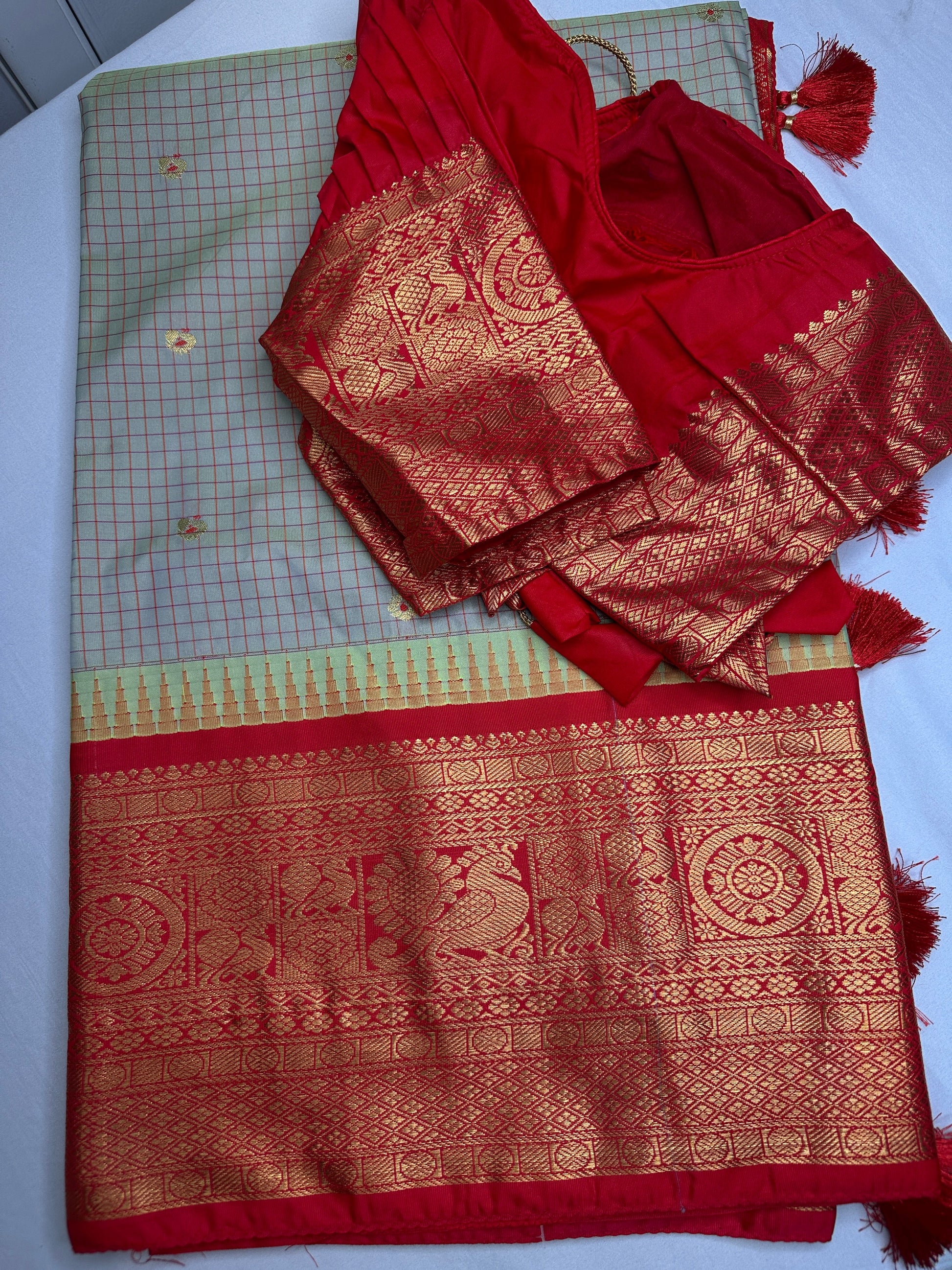 Gadwal Semi Silk Green Red Checks Saree