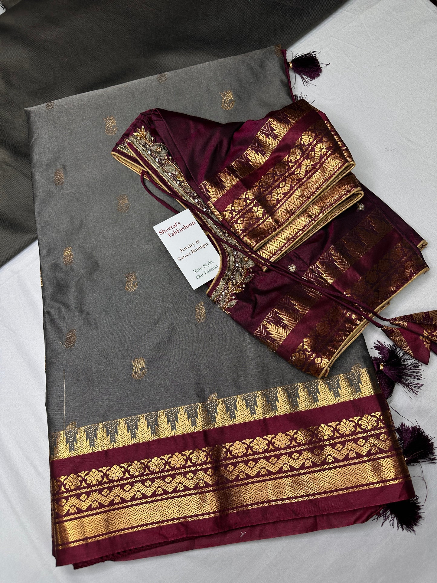 Gadwal Semi Silk Grey Maroon Small Border Saree