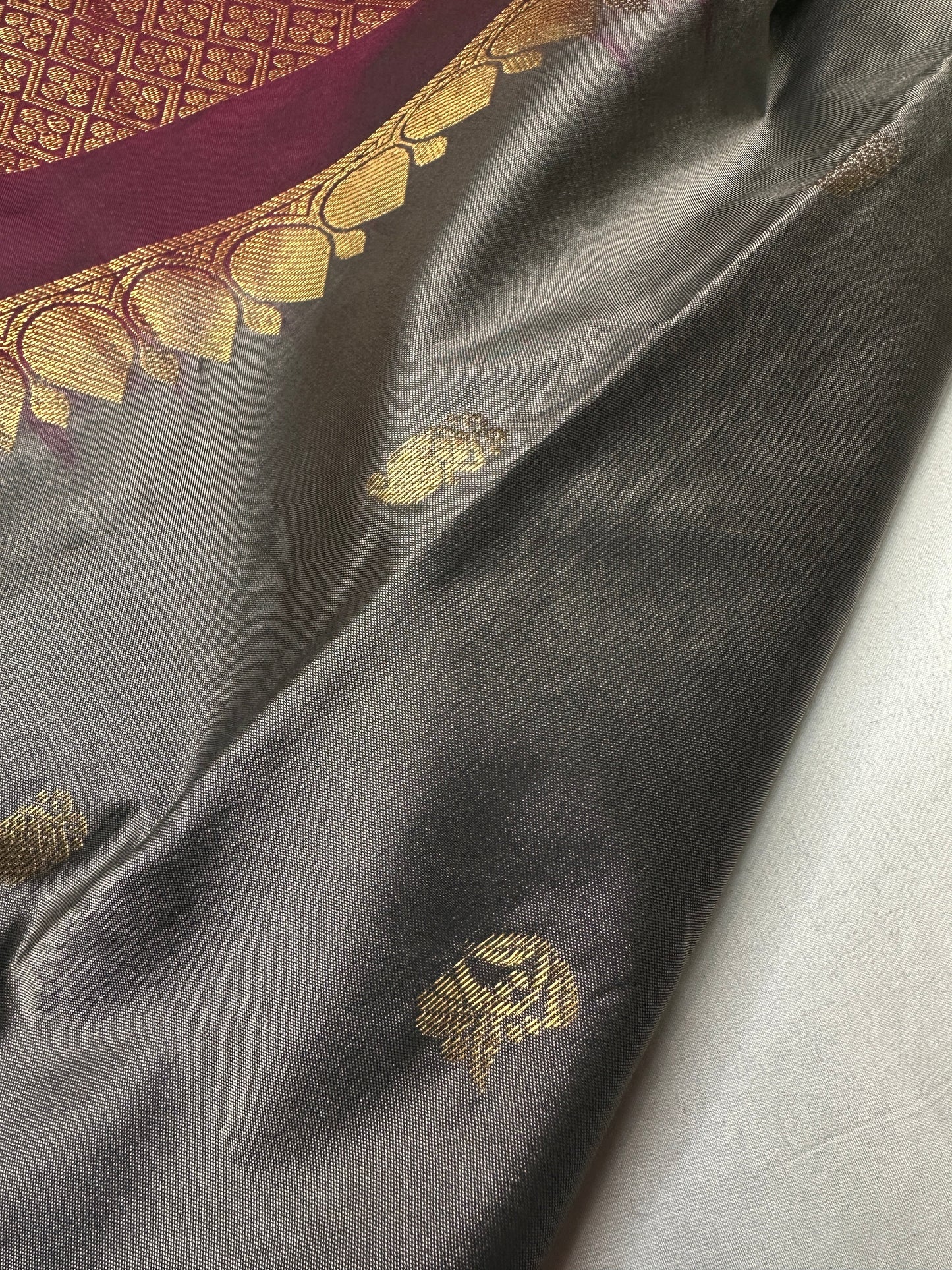 Gadwal Semi Silk Grey Maroon Small Border Saree