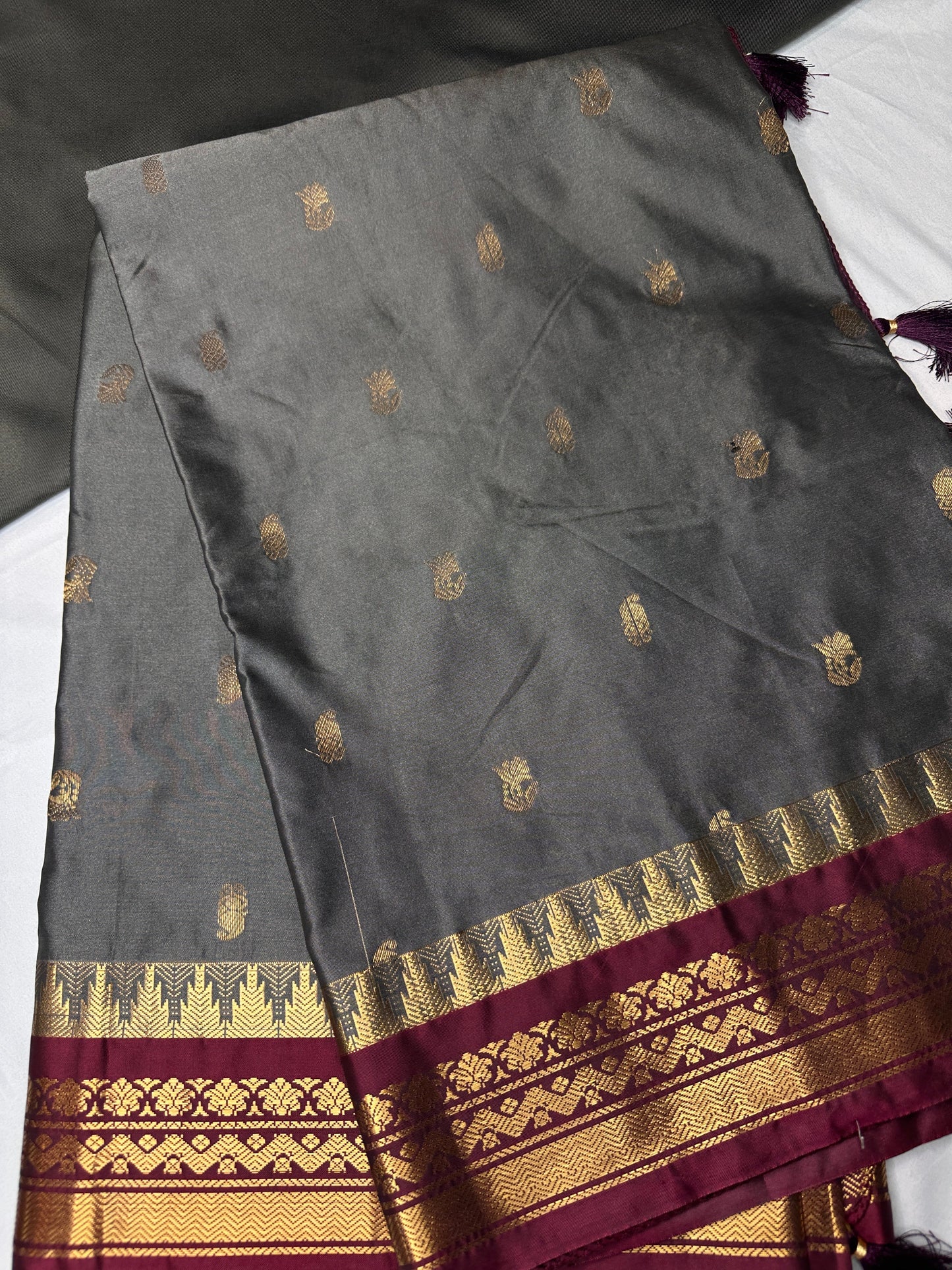 Gadwal Semi Silk Grey Maroon Small Border Saree