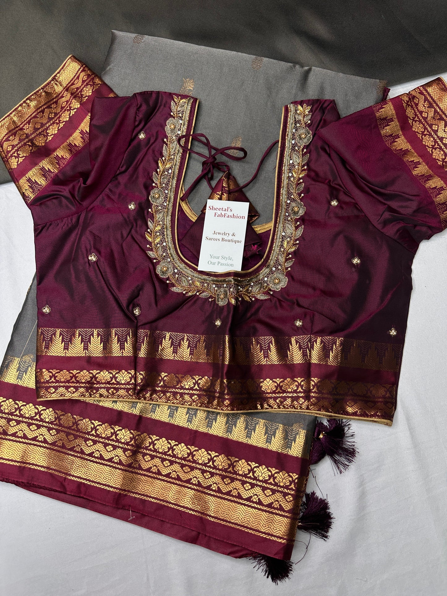 Gadwal Semi Silk Grey Maroon Small Border Saree