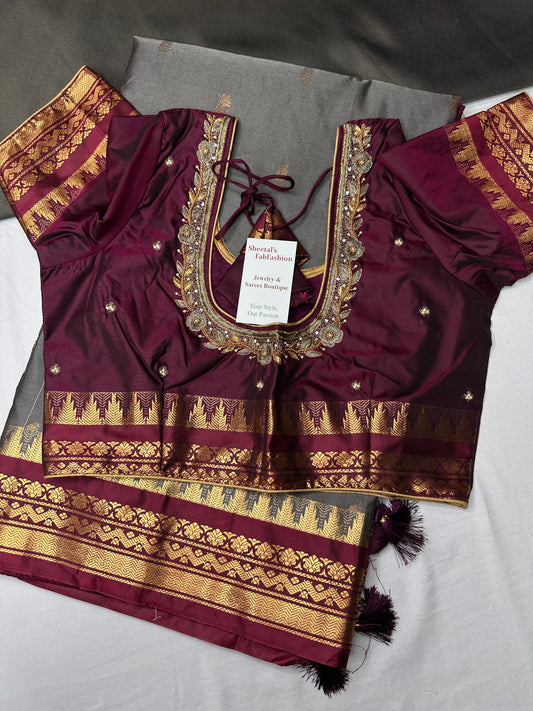 Gadwal Semi Silk Grey Maroon Small Border Saree