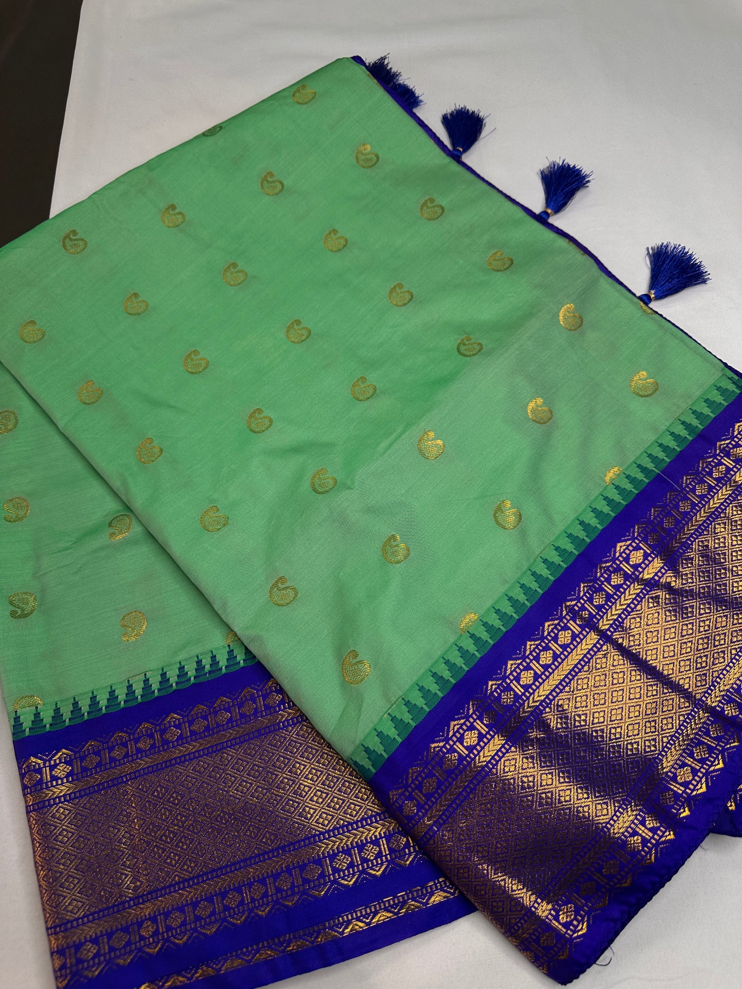 Gadwal Semi Silk Green Blue Small Border Saree - 