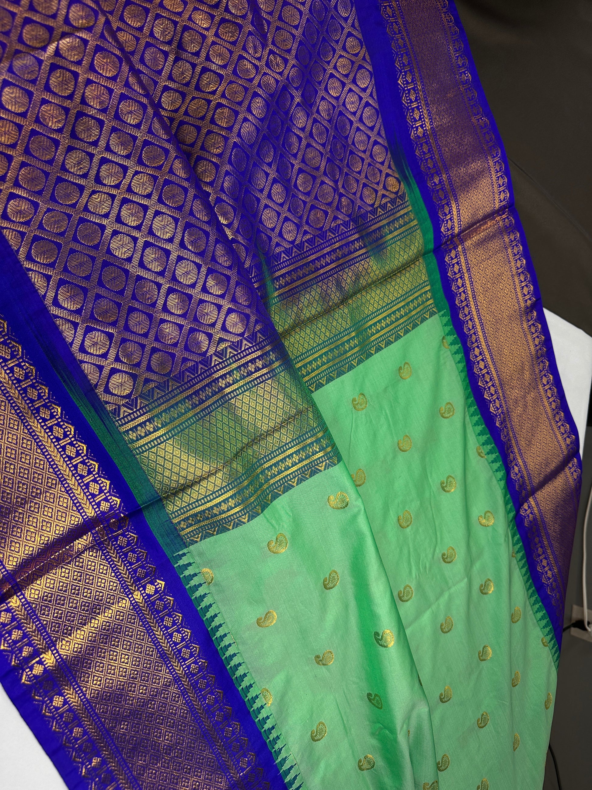Gadwal Semi Silk Green Blue Small Border Saree - 