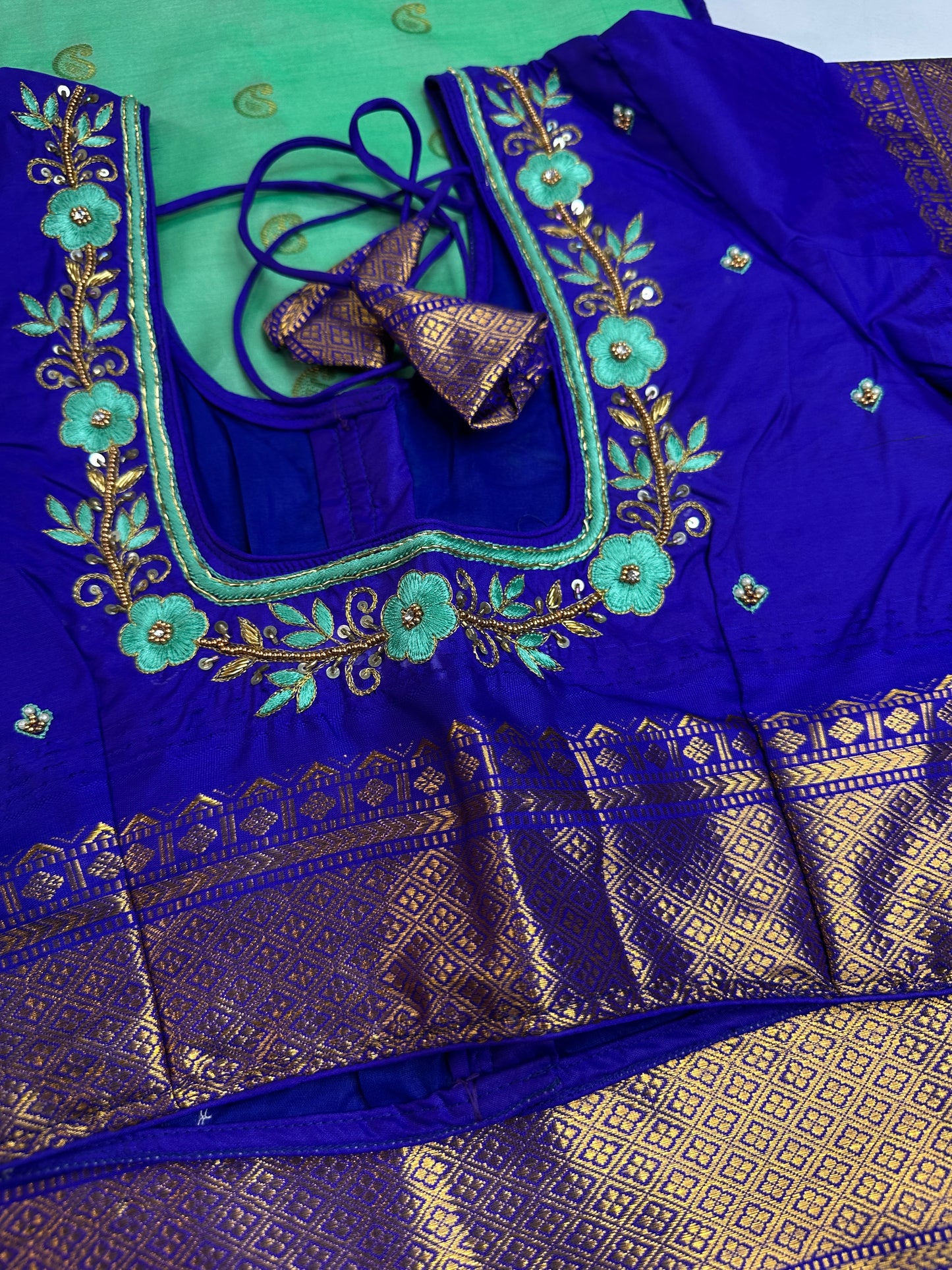 Gadwal Semi Silk Green Blue Small Border Saree - 