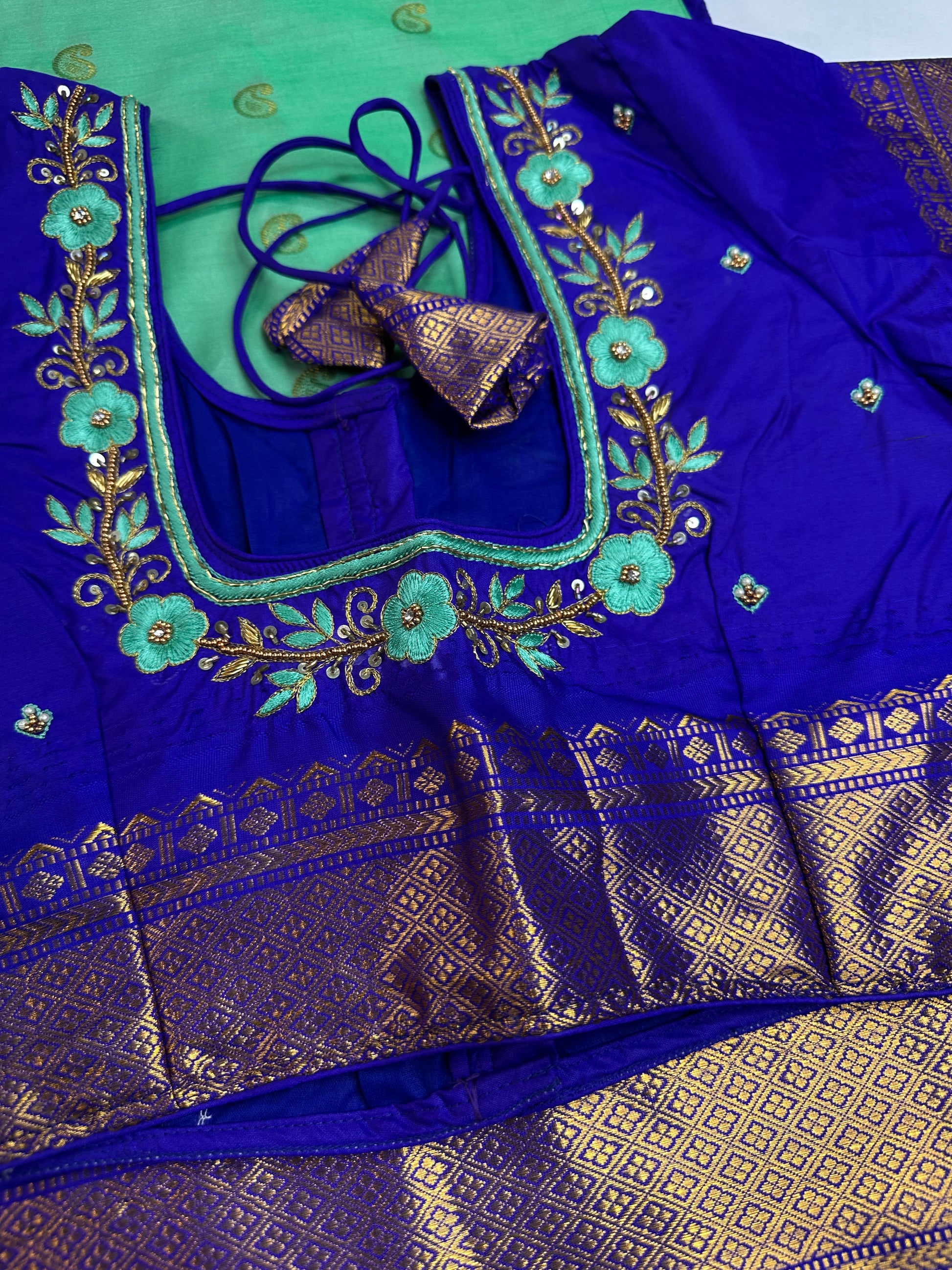 Gadwal Semi Silk Green Blue Small Border Saree - 