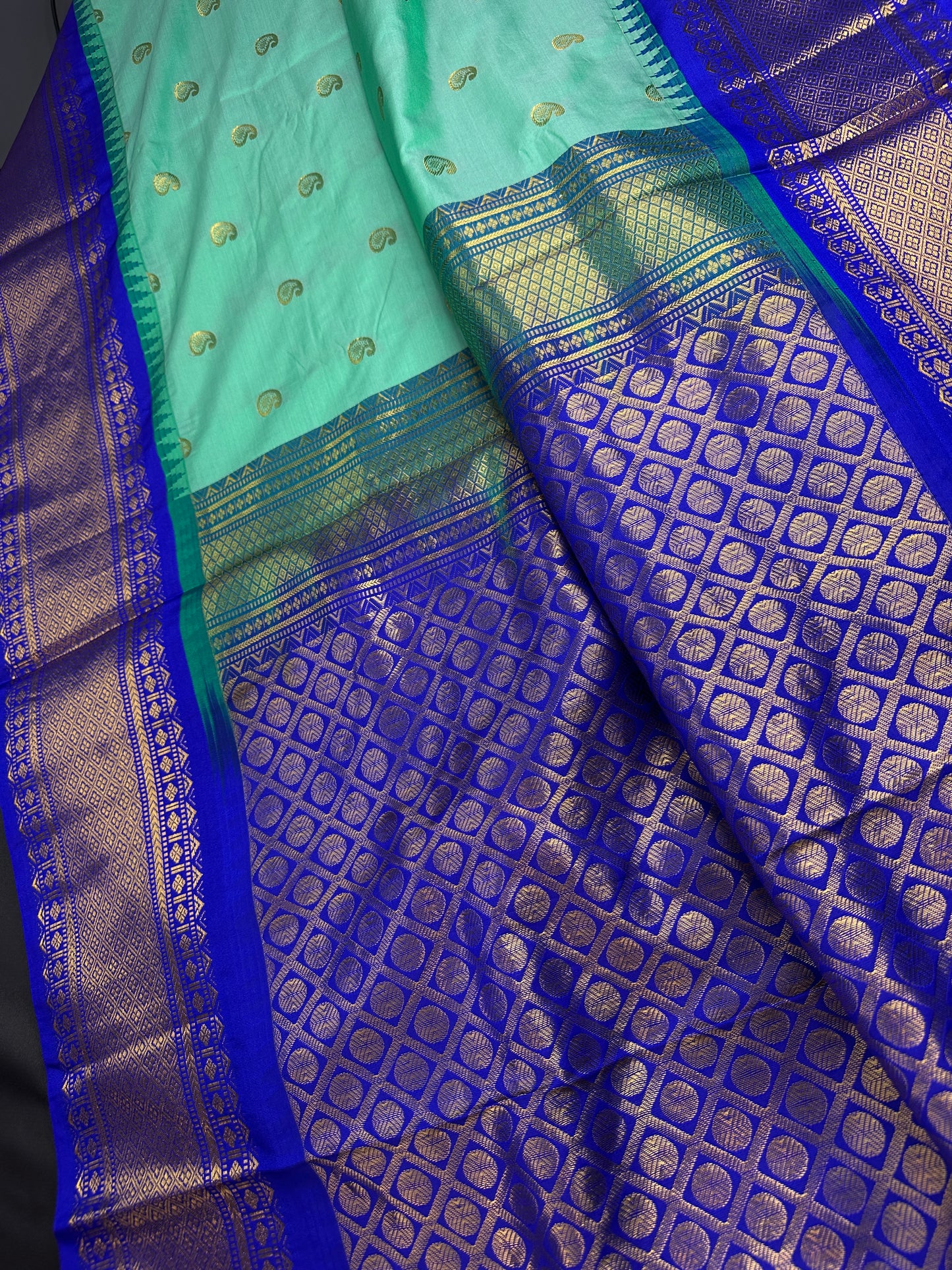 Gadwal Semi Silk Green Blue Small Border Saree - 