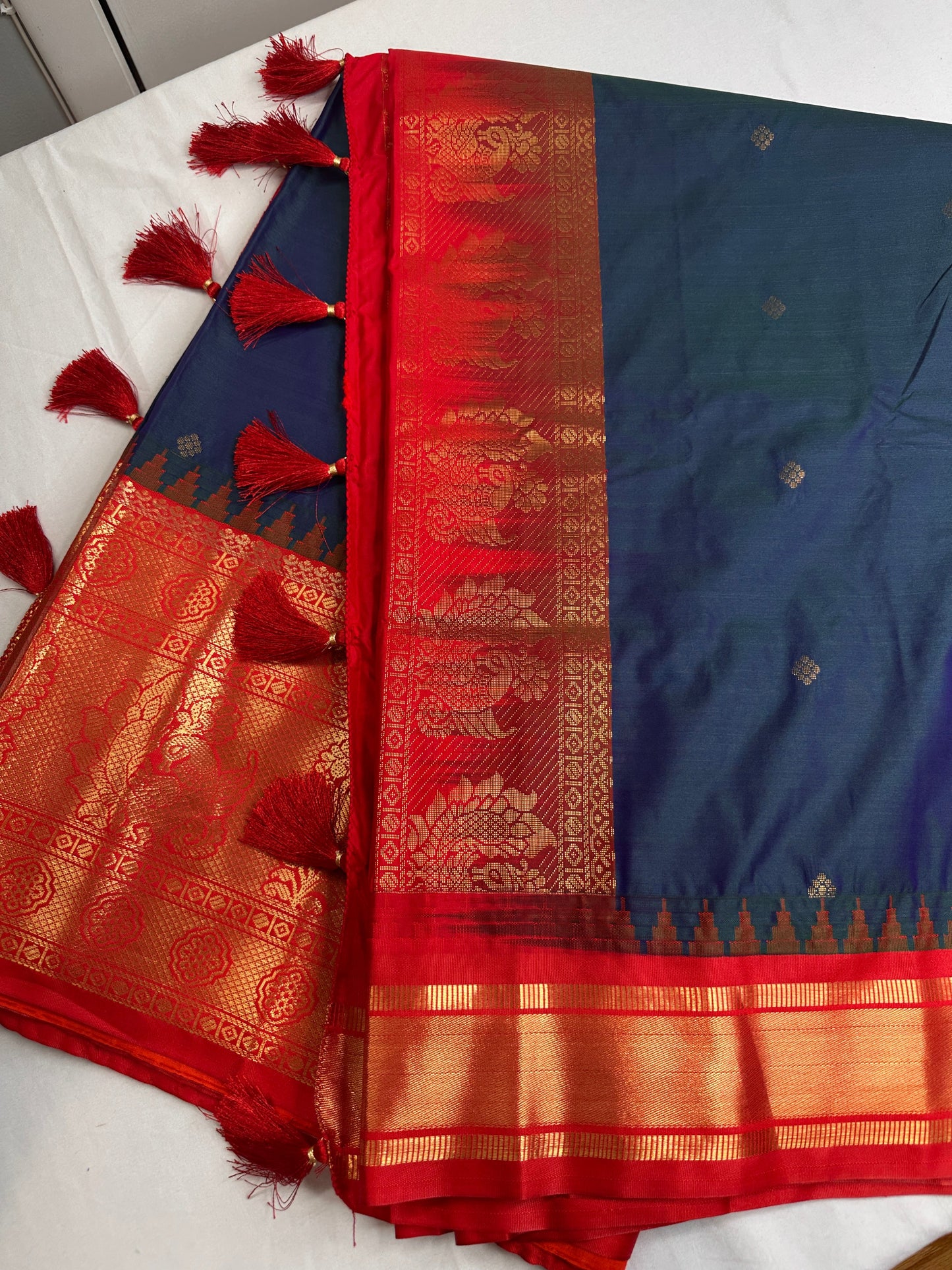 Gadwal Peacock Green Red Saree