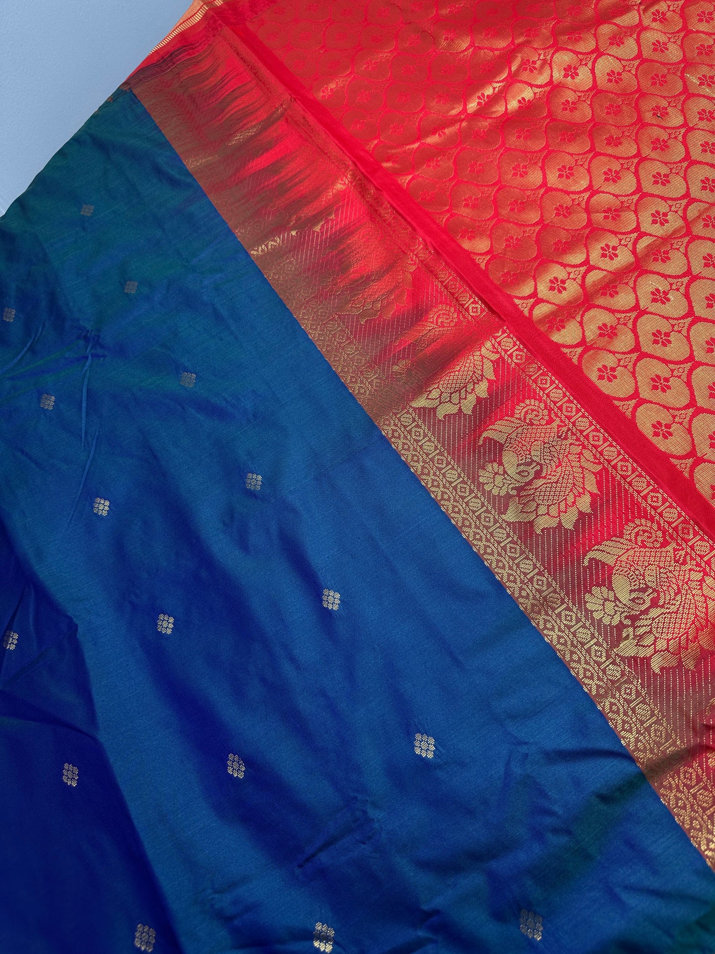 Gadwal Peacock Green Red Saree