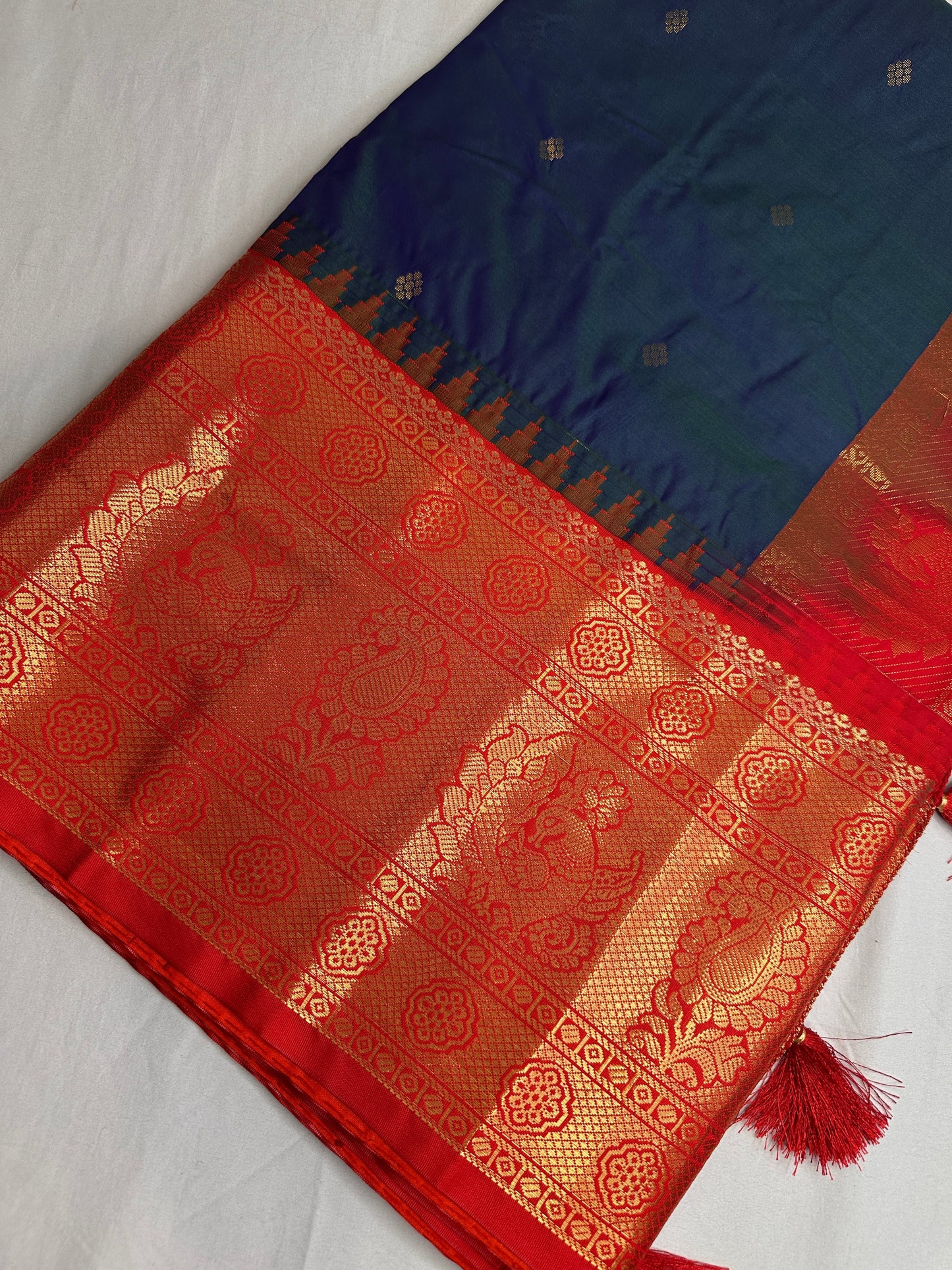 Gadwal Peacock Green Red Saree