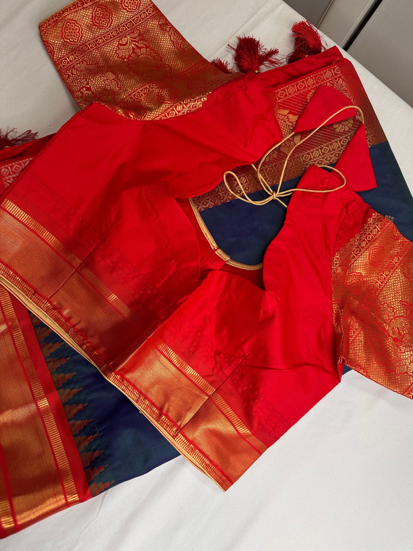Gadwal Peacock Green Red Saree