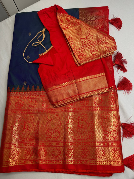 Gadwal Peacock Green Red Saree