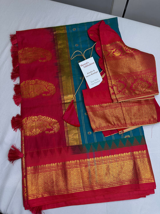 Gadwal Pattu Blue Pink Soft Silk Saree