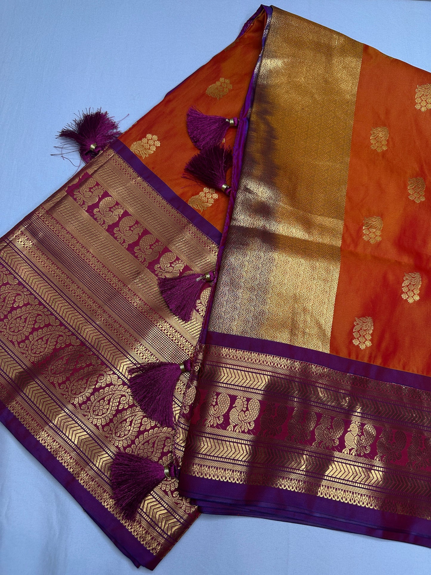 Mangalgiri Pattu Orange Purple Soft Silk Saree