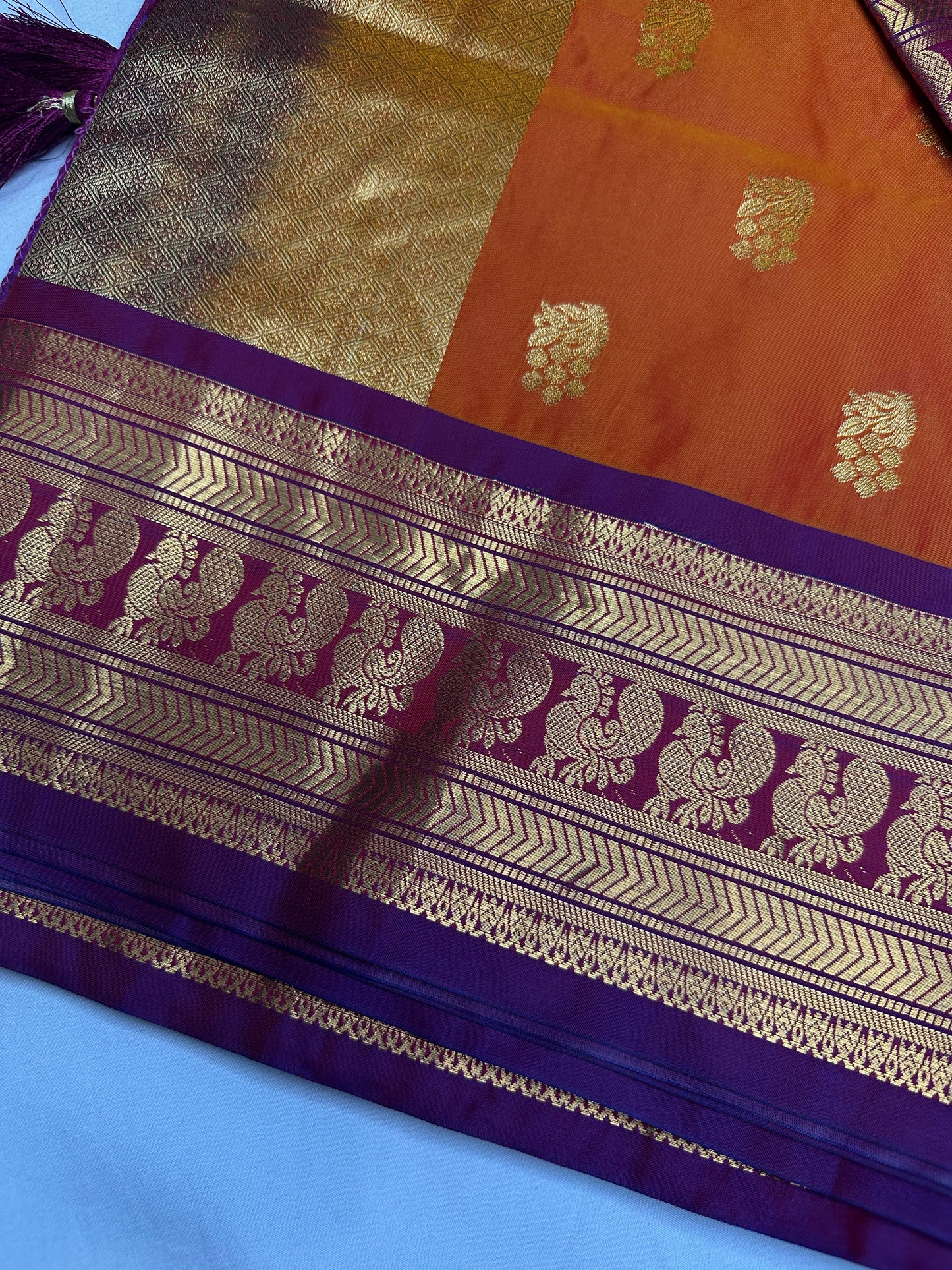 Mangalgiri Pattu Orange Purple Soft Silk Saree