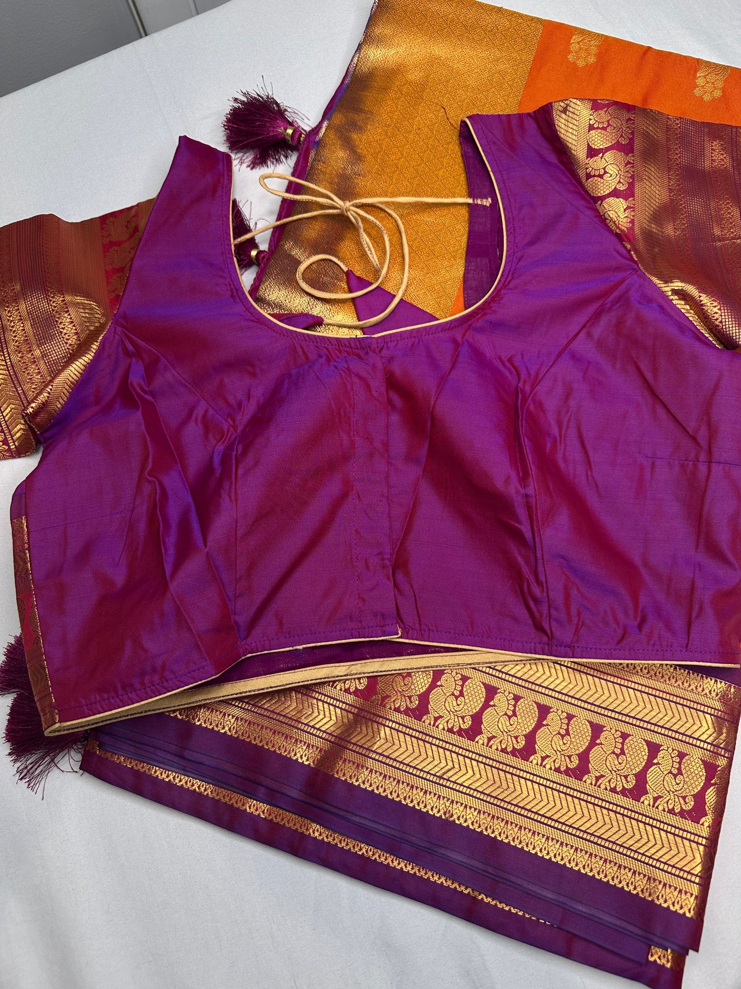 Mangalgiri Pattu Orange Purple Soft Silk Saree