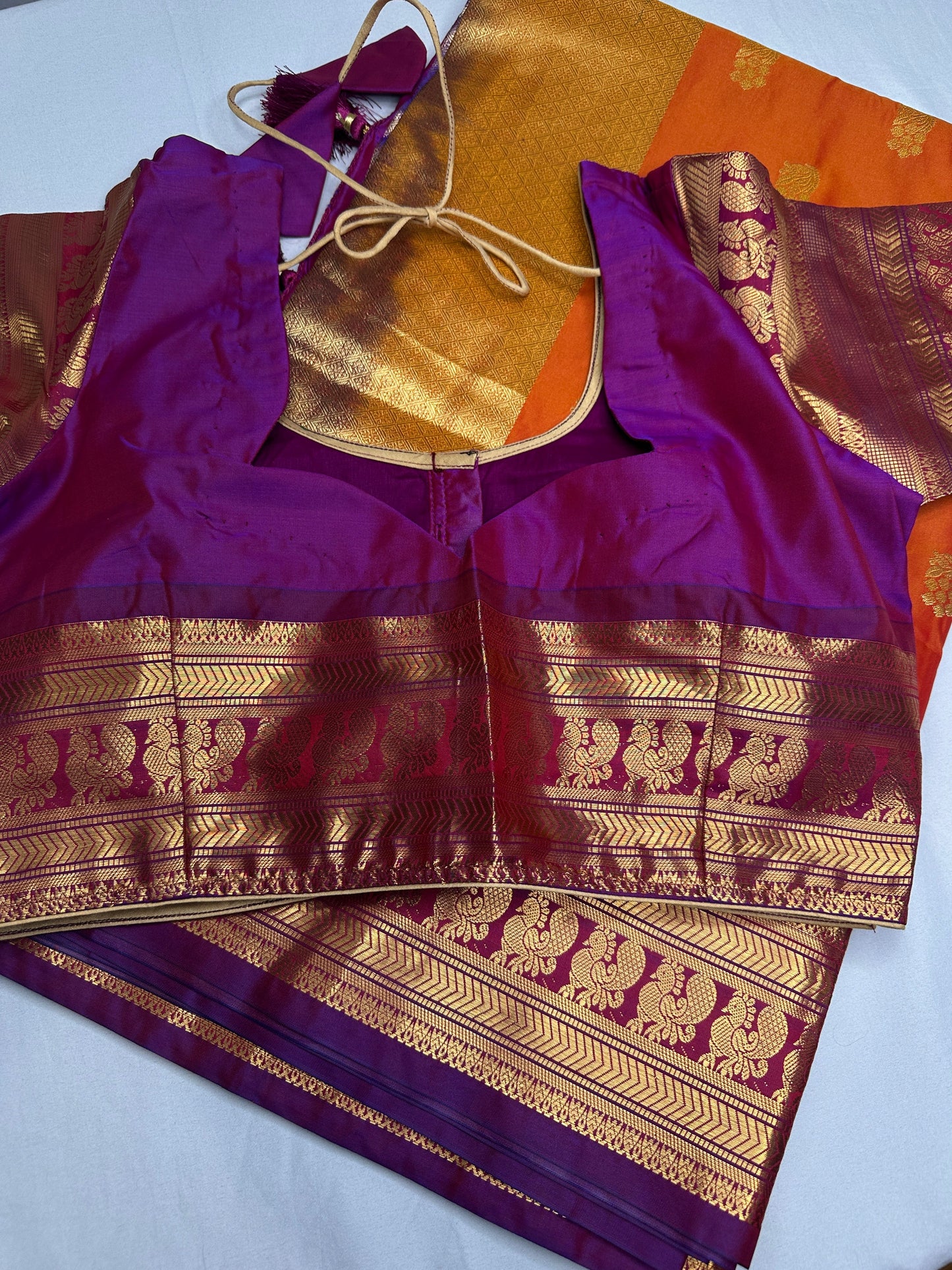 Mangalgiri Pattu Orange Purple Soft Silk Saree
