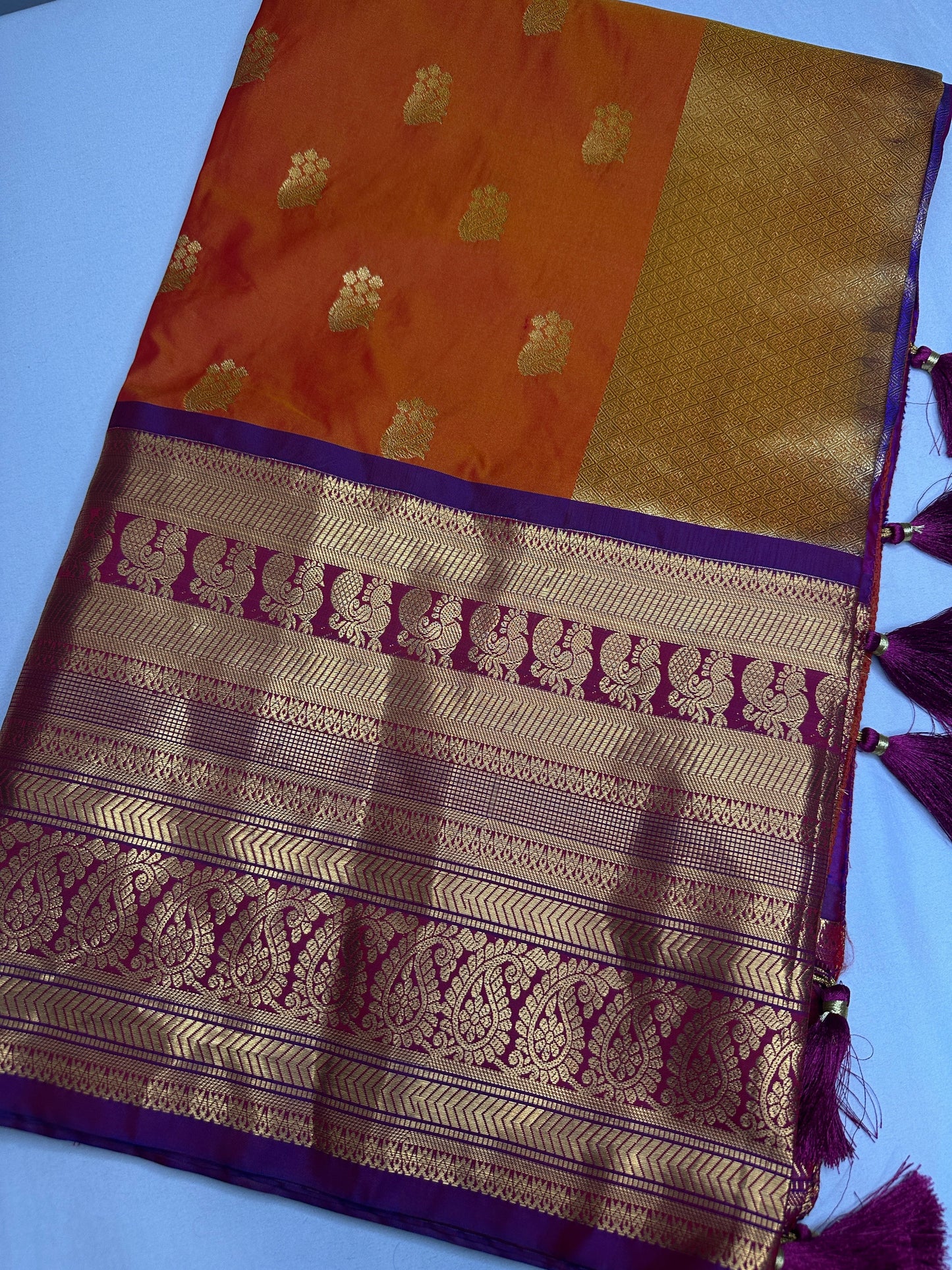 Mangalgiri Pattu Orange Purple Soft Silk Saree
