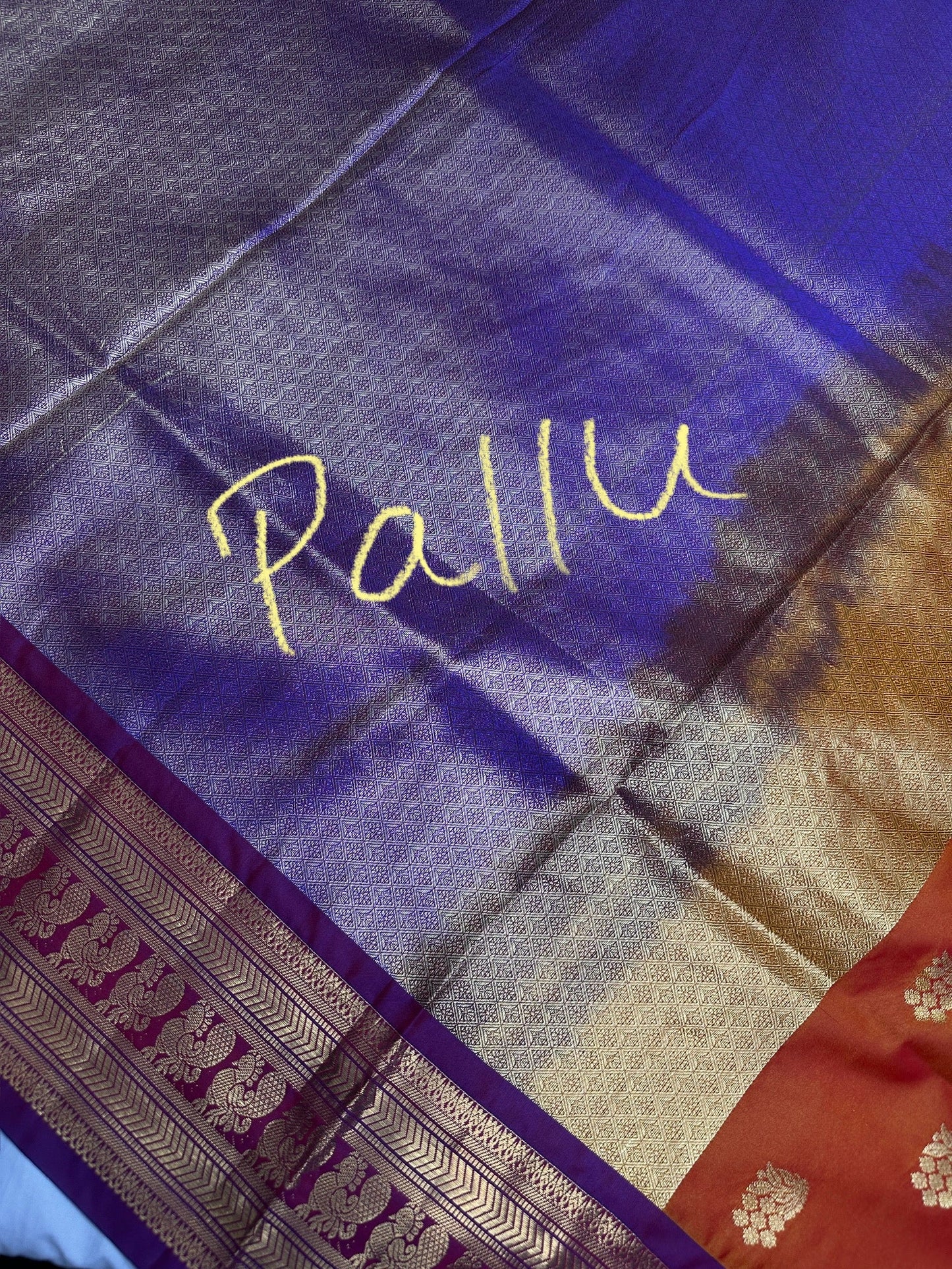 Mangalgiri Pattu Orange Purple Soft Silk Saree