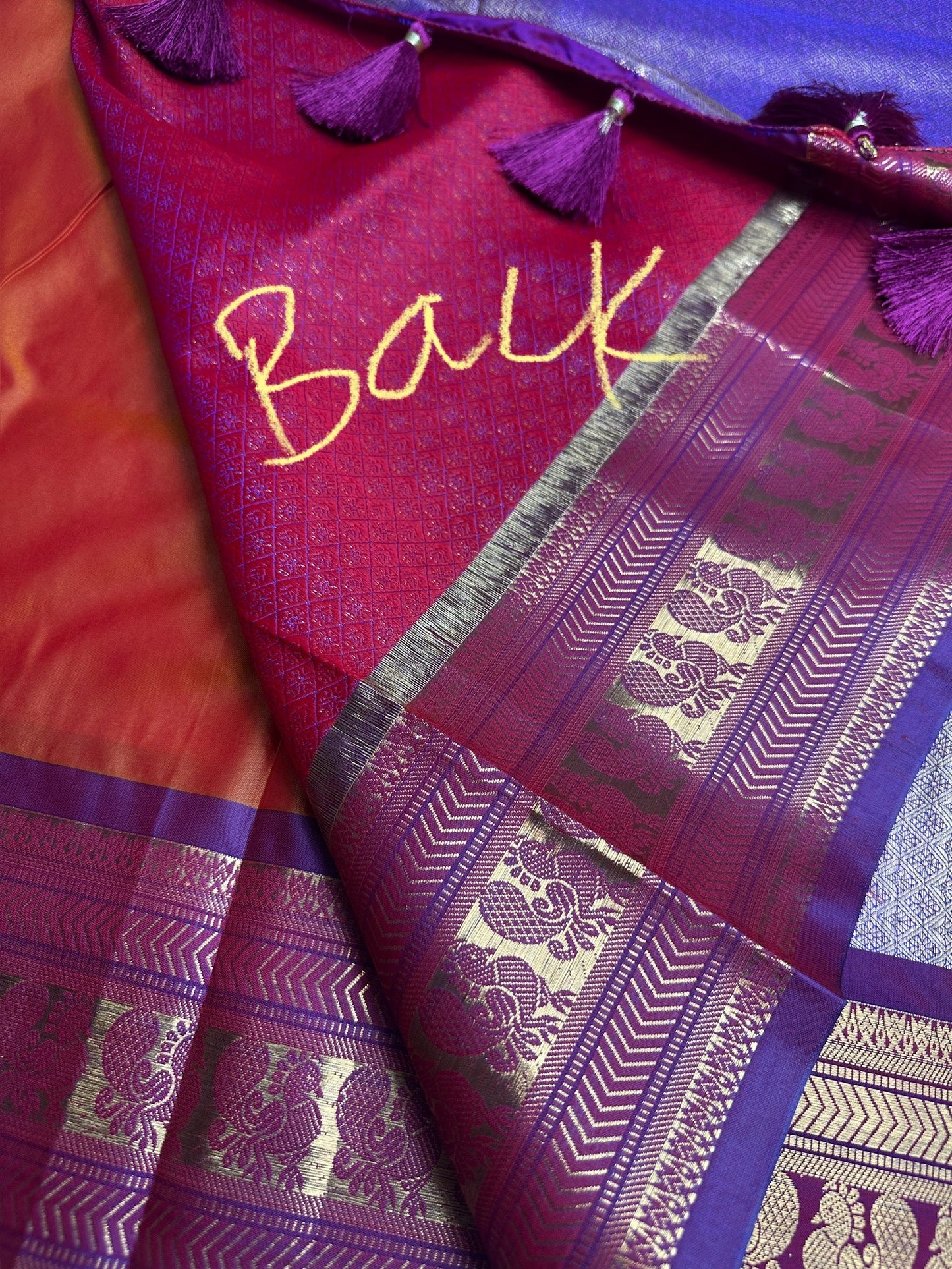 Mangalgiri Pattu Orange Purple Soft Silk Saree