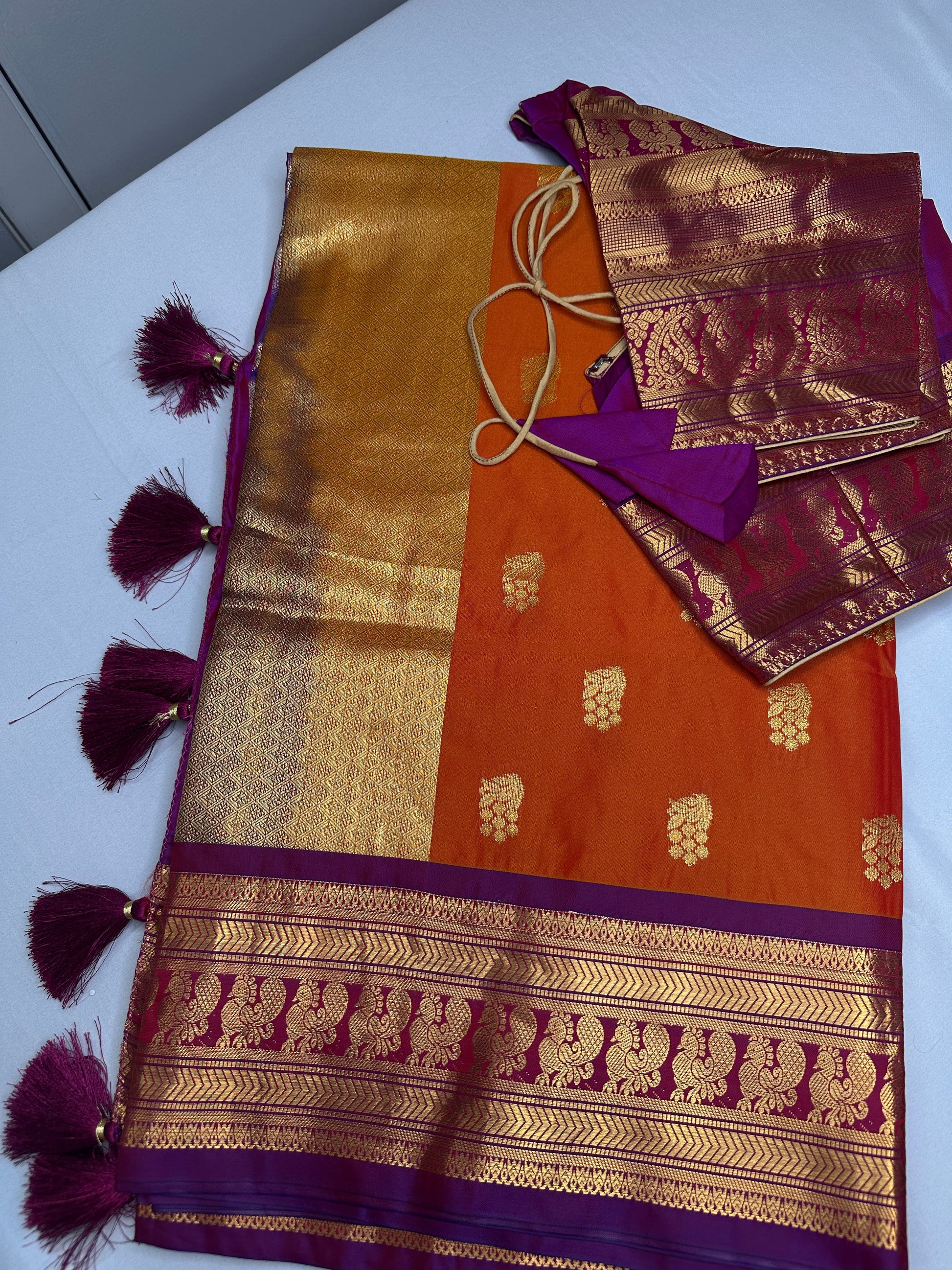 Mangalgiri Pattu Orange Purple Soft Silk Saree