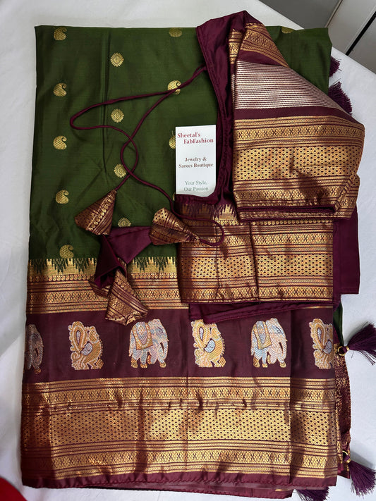 Mangalgiri Pattu Elephant Peacock Border Green Silk Saree