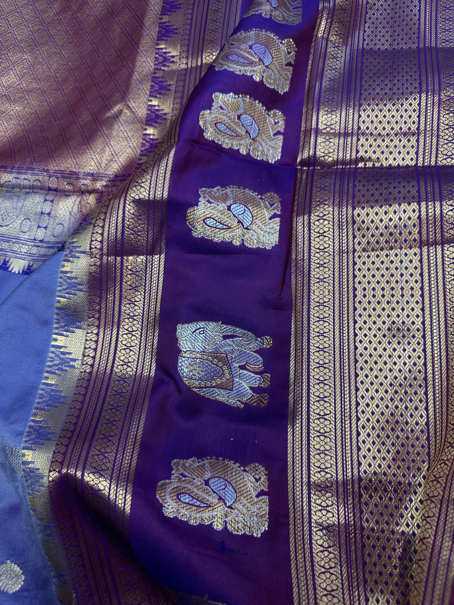 Mangalgiri Pattu Elephant Peacock Border LavenderSilk Saree