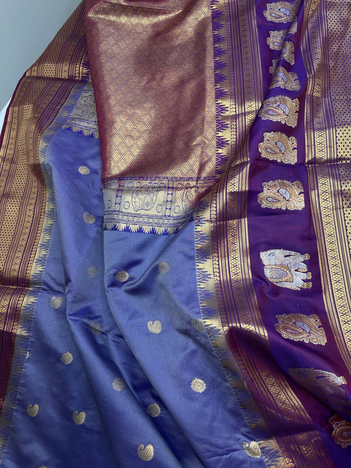 Mangalgiri Pattu Elephant Peacock Border LavenderSilk Saree
