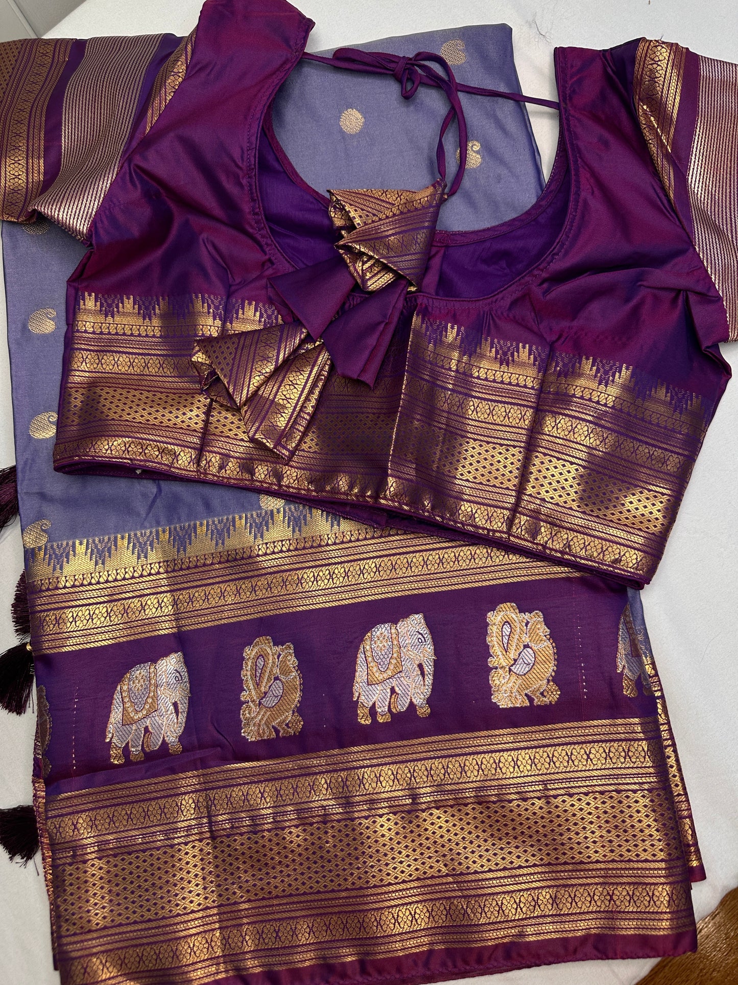 Mangalgiri Pattu Elephant Peacock Border LavenderSilk Saree