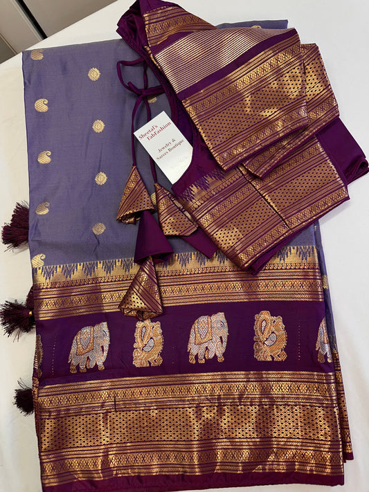 Mangalgiri Pattu Elephant Peacock Border LavenderSilk Saree