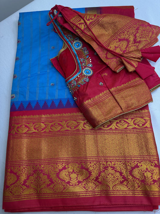 Gadwal Pattu Blue Pink Soft Silk Saree