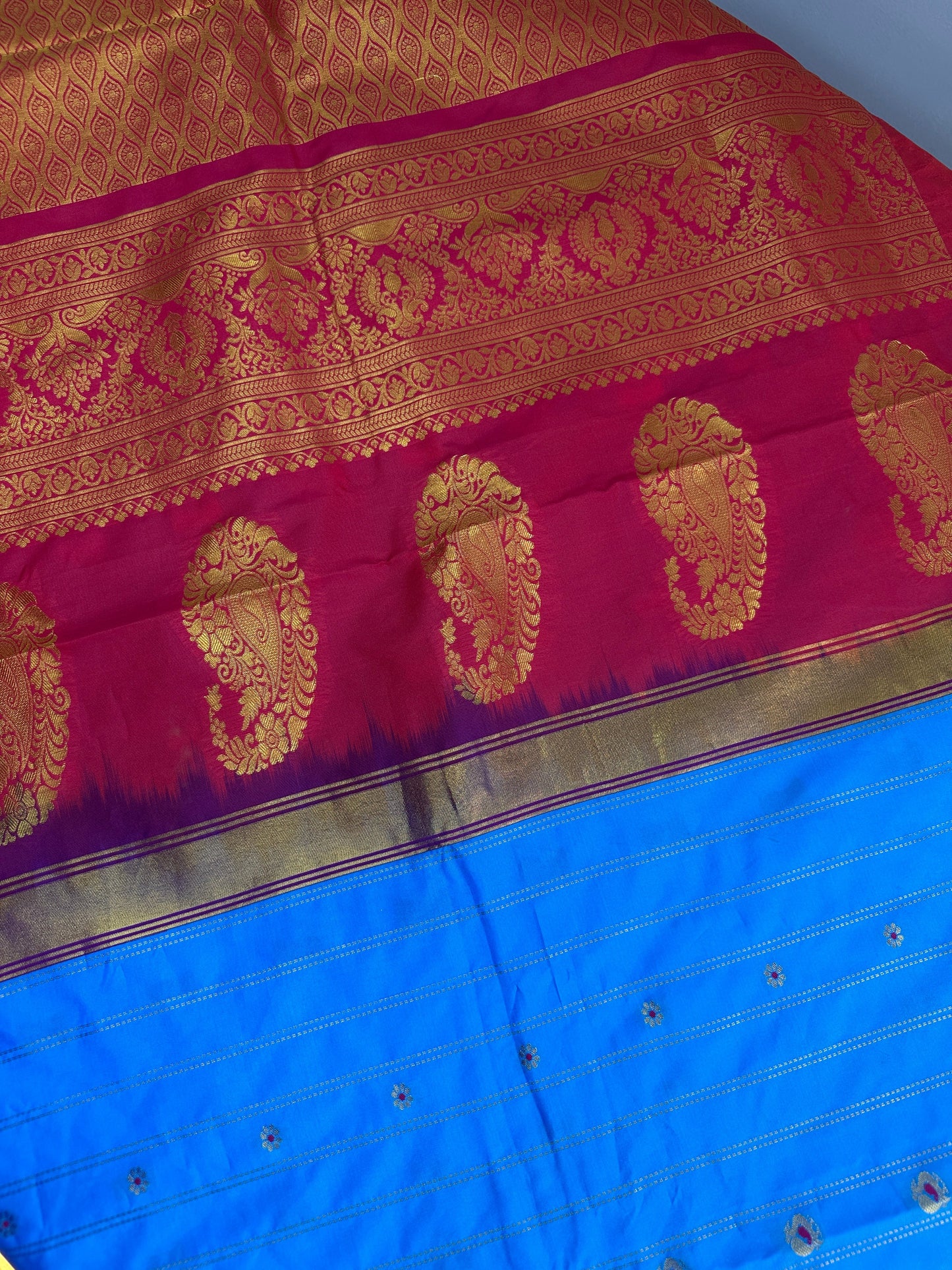 Gadwal Pattu Blue Pink Soft Silk Saree